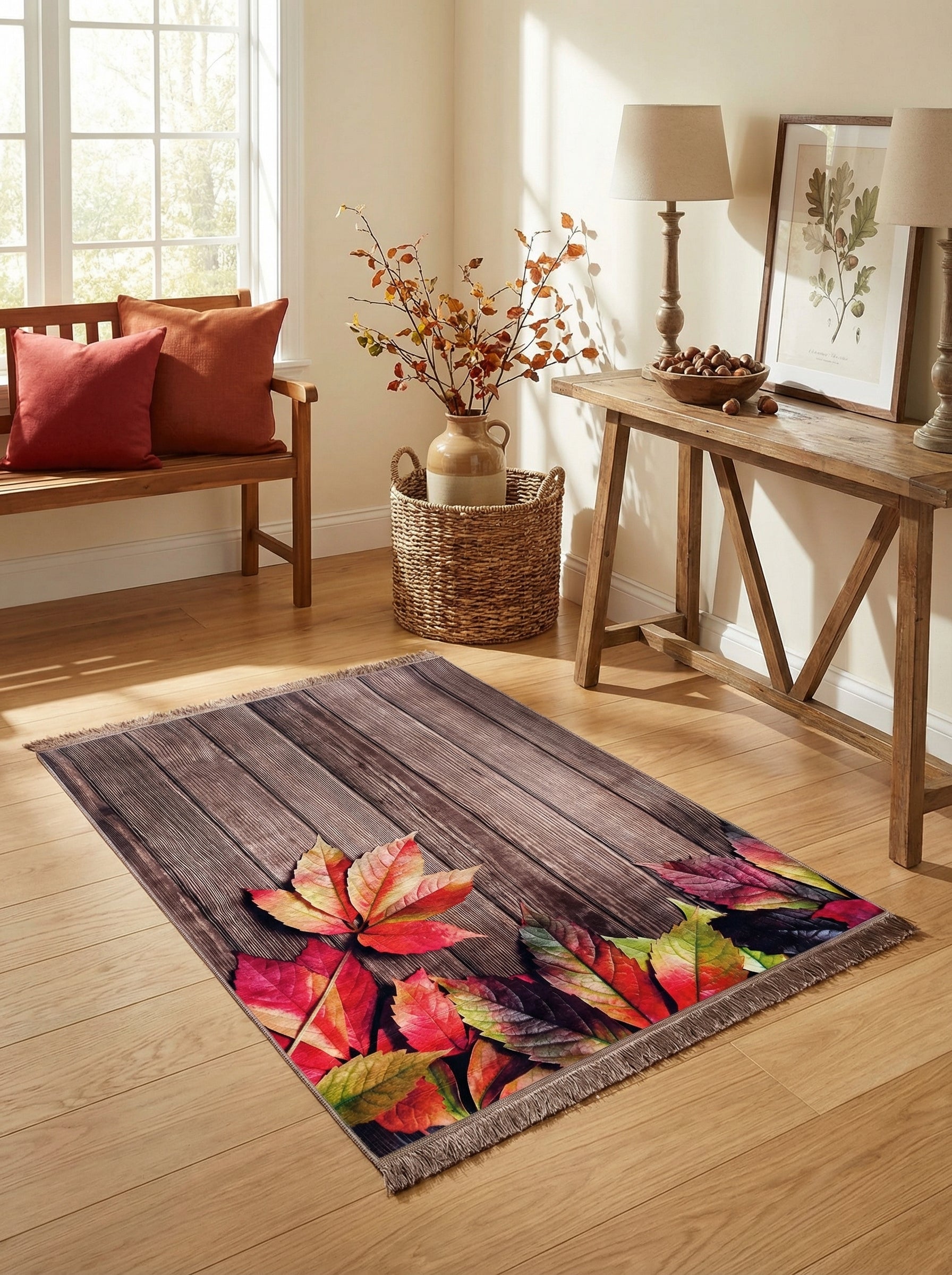 Tapis rectangulaire à motif bois foncé et feuilles d'automne éclatantes avec franges, sur parquet dans un salon