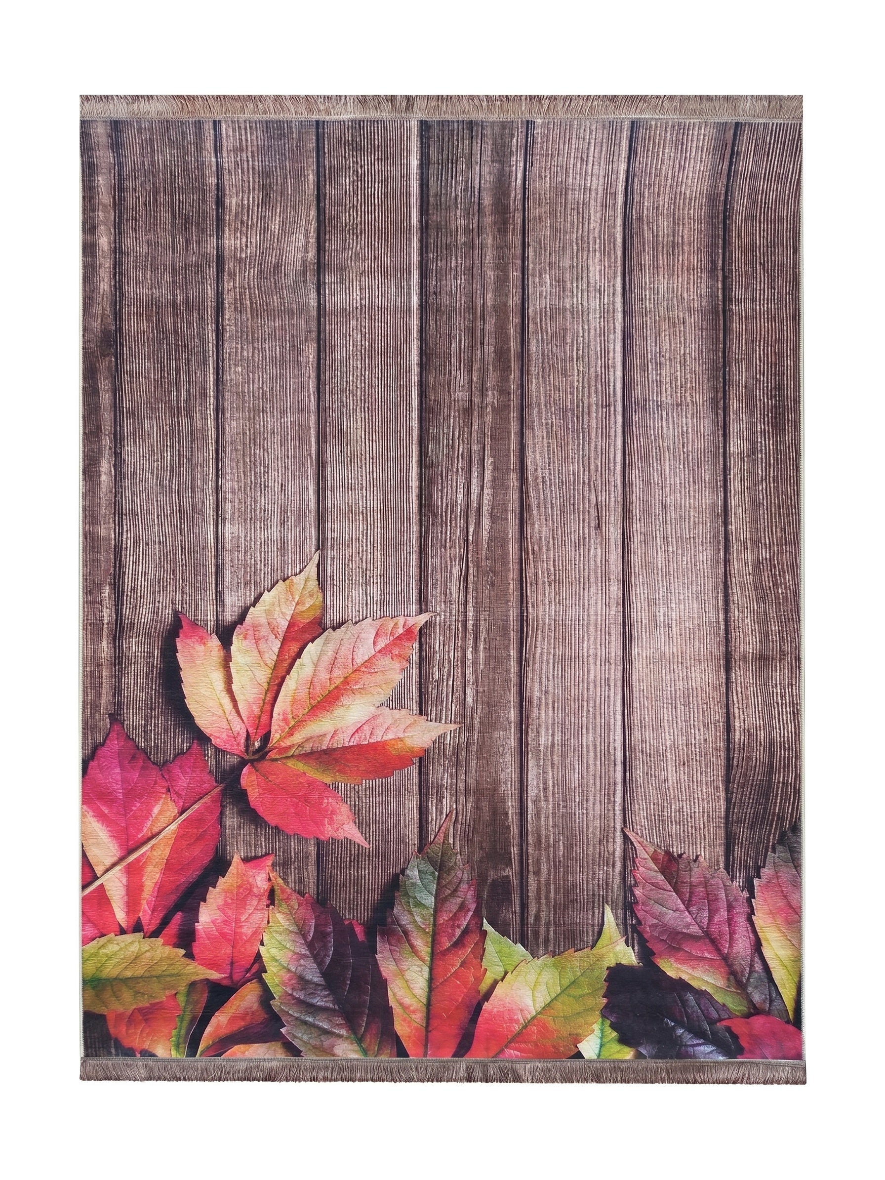 Tapis rectangulaire à motif de planches de bois marron et un parterre de feuilles d'automne multicolores avec franges
