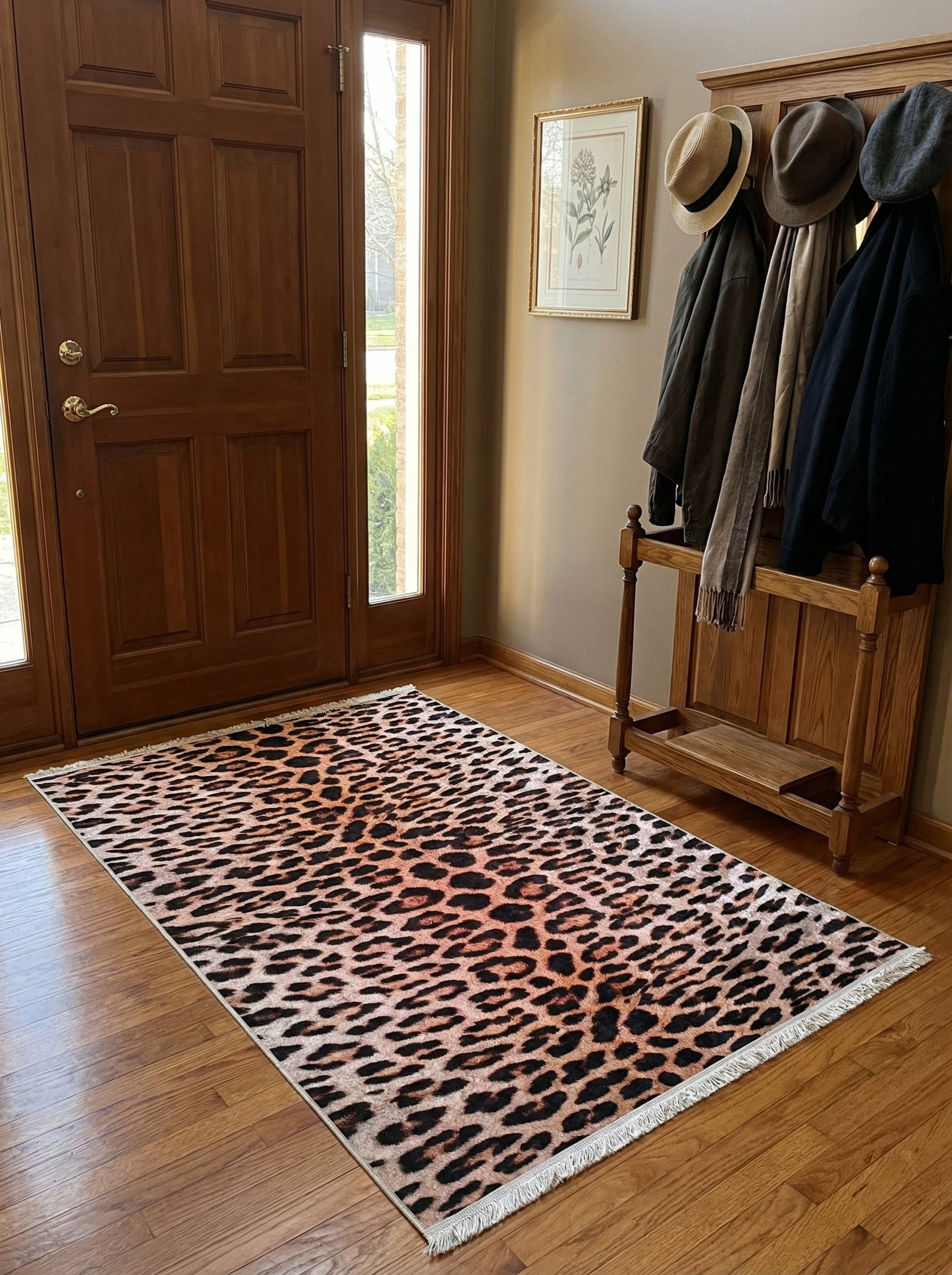 Tapis rectangulaire à motif léopard noir et beige-orangé avec franges claires, sur parquet en bois d'une entrée