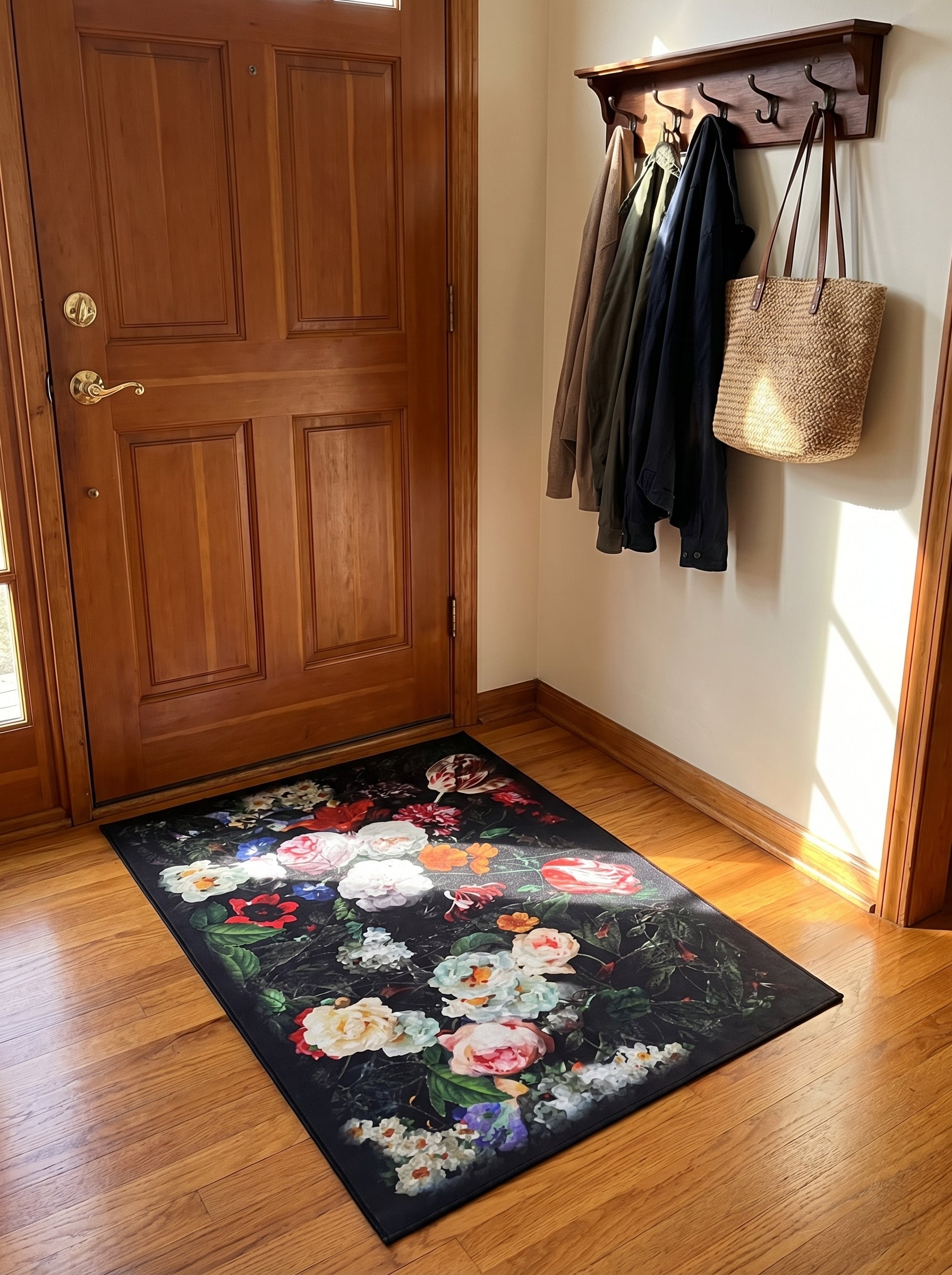Tapis rectangulaire à fond noir orné d'un motif floral détaillé avec des roses blanches, rouges et roses, sur un parquet clair dans une entrée