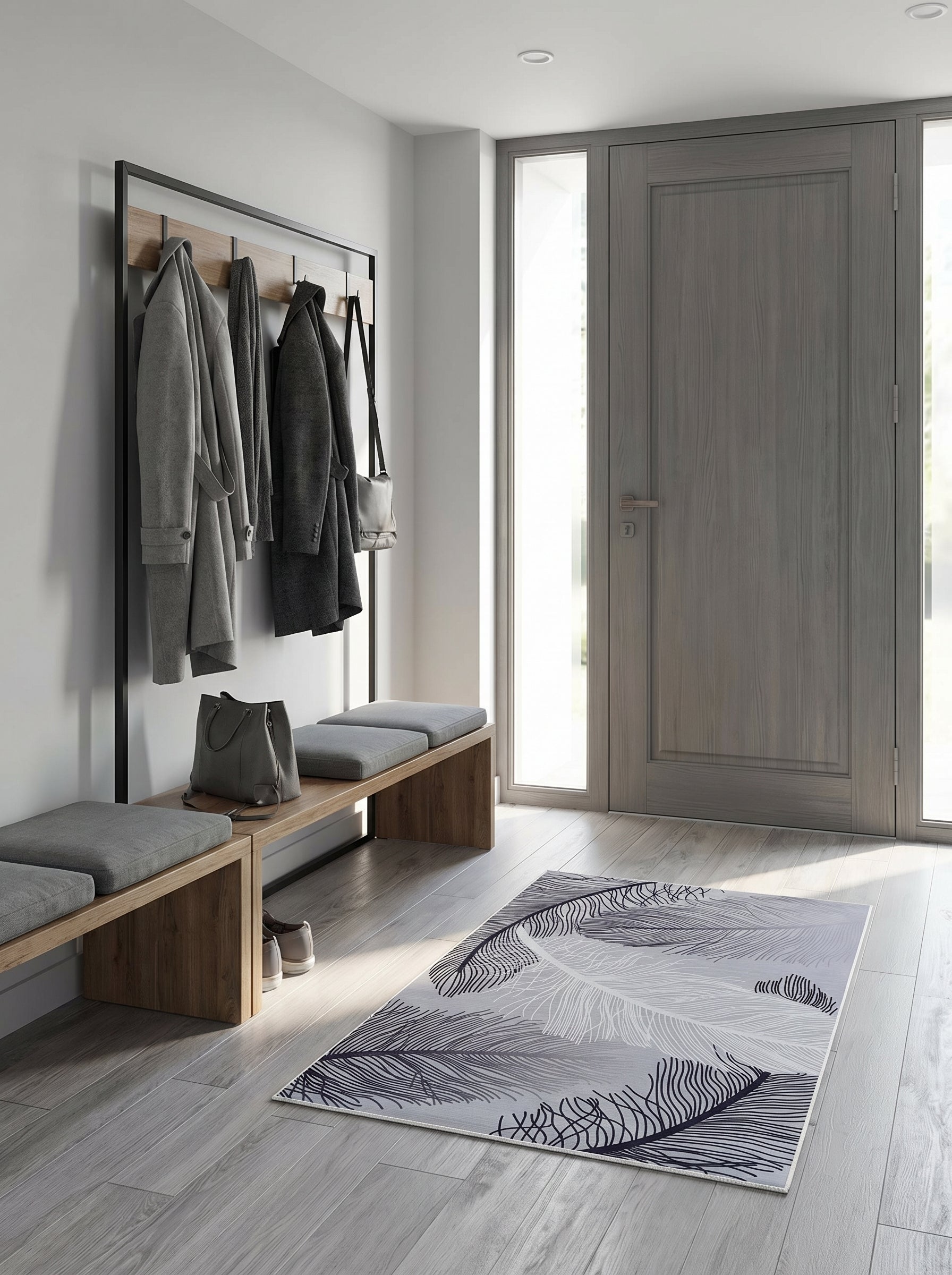 Tapis rectangulaire gris clair à motifs de plumes stylisées grises foncées et claires, posé sur le sol d'une entrée moderne
