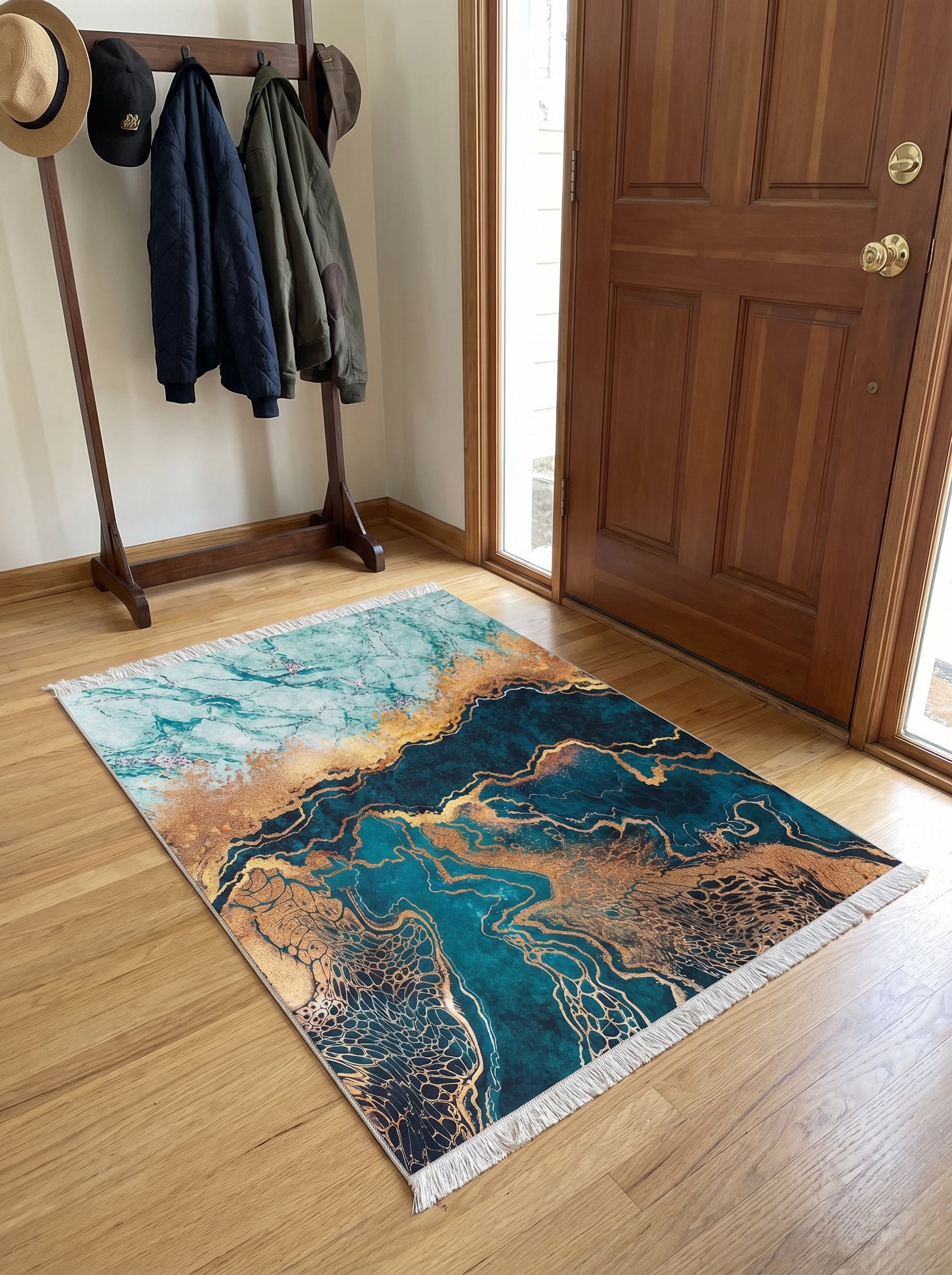 Tapis rectangulaire à franges, motifs abstraits de marbre turquoise, or et bleu marine, posé sur un parquet clair dans une entrée