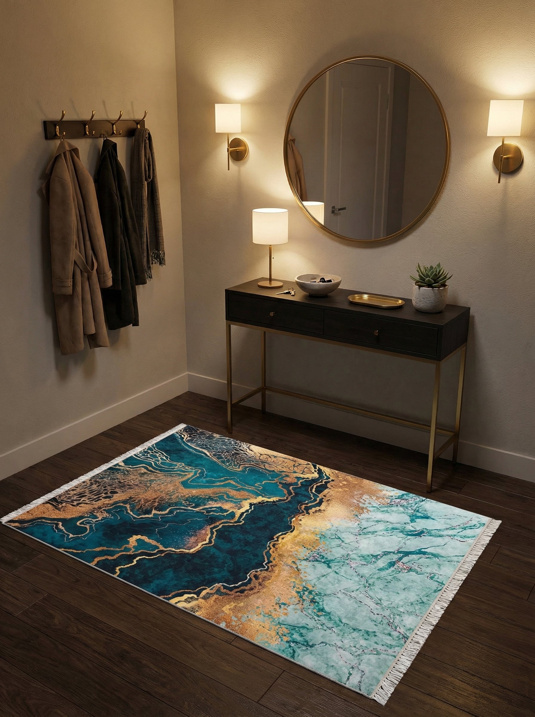 Tapis rectangulaire aux motifs abstraits marbrés en bleu-vert, or et vert menthe, avec franges, dans une entrée lumineuse