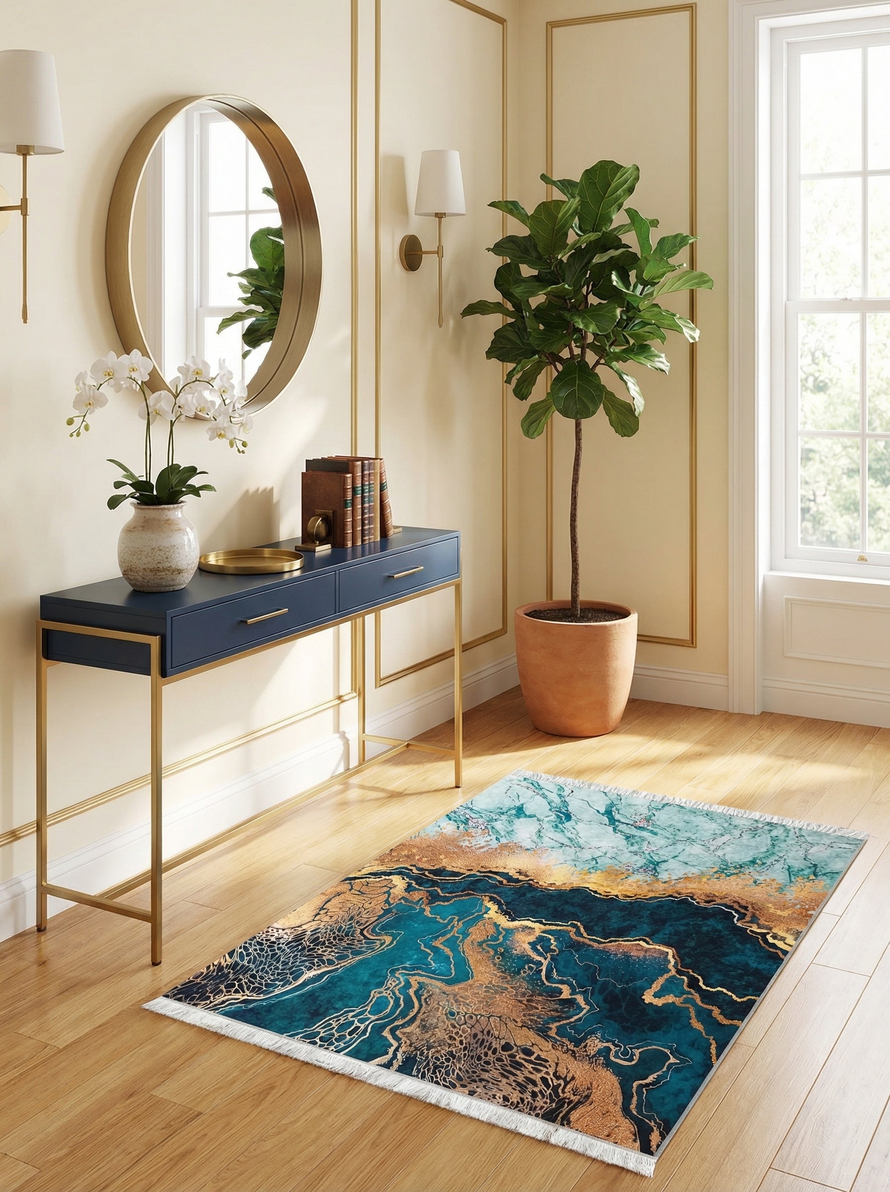 Tapis rectangulaire à motifs abstraits fluides turquoise, bleu foncé et or brillant, posé sur un parquet clair dans une entrée élégante