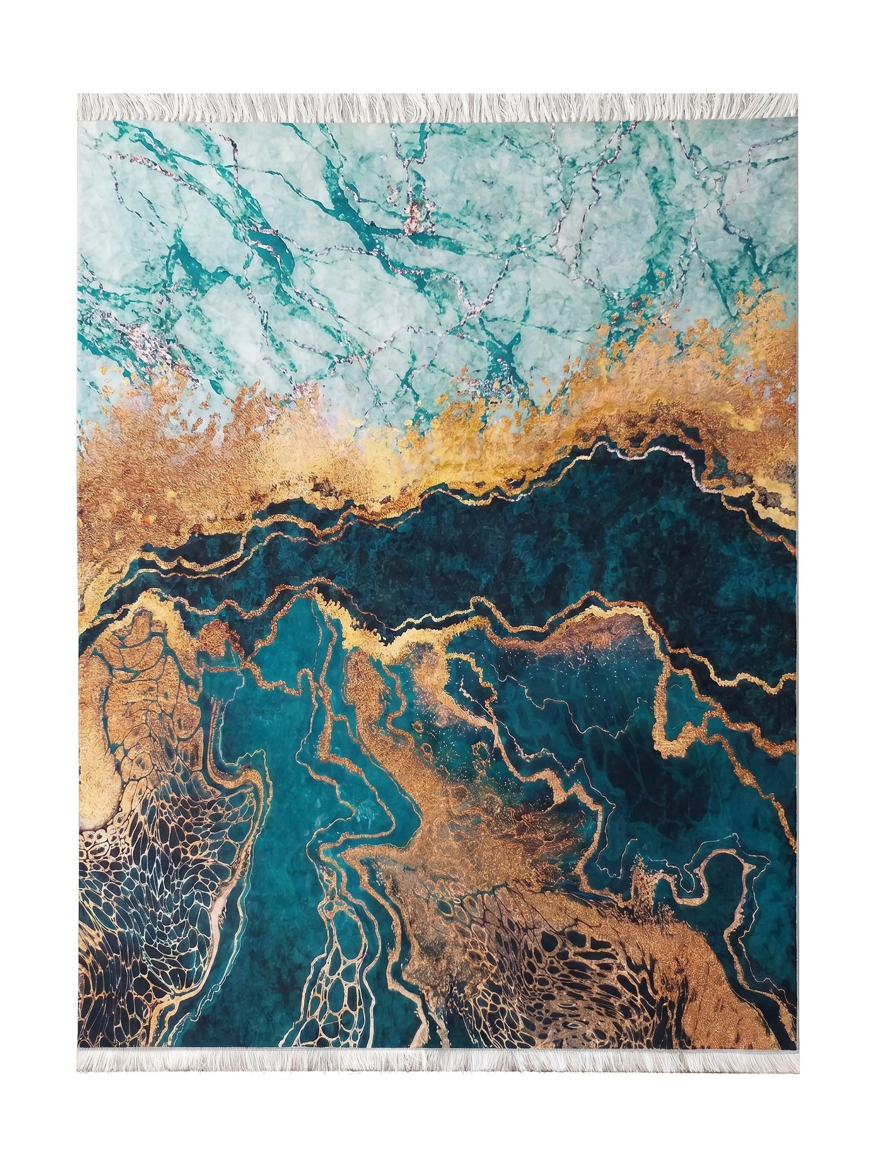 Tapis à motifs abstraits marbrés turquoise, bleu canard et or scintillant avec franges blanches