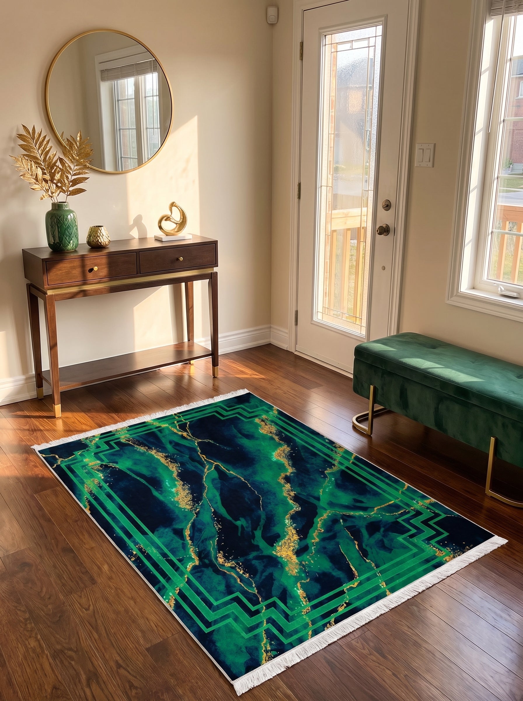 Tapis rectangulaire marbré vert émeraude, bleu marine et or, avec une bordure géométrique verte et des franges blanches, sur un plancher en bois dans une entrée