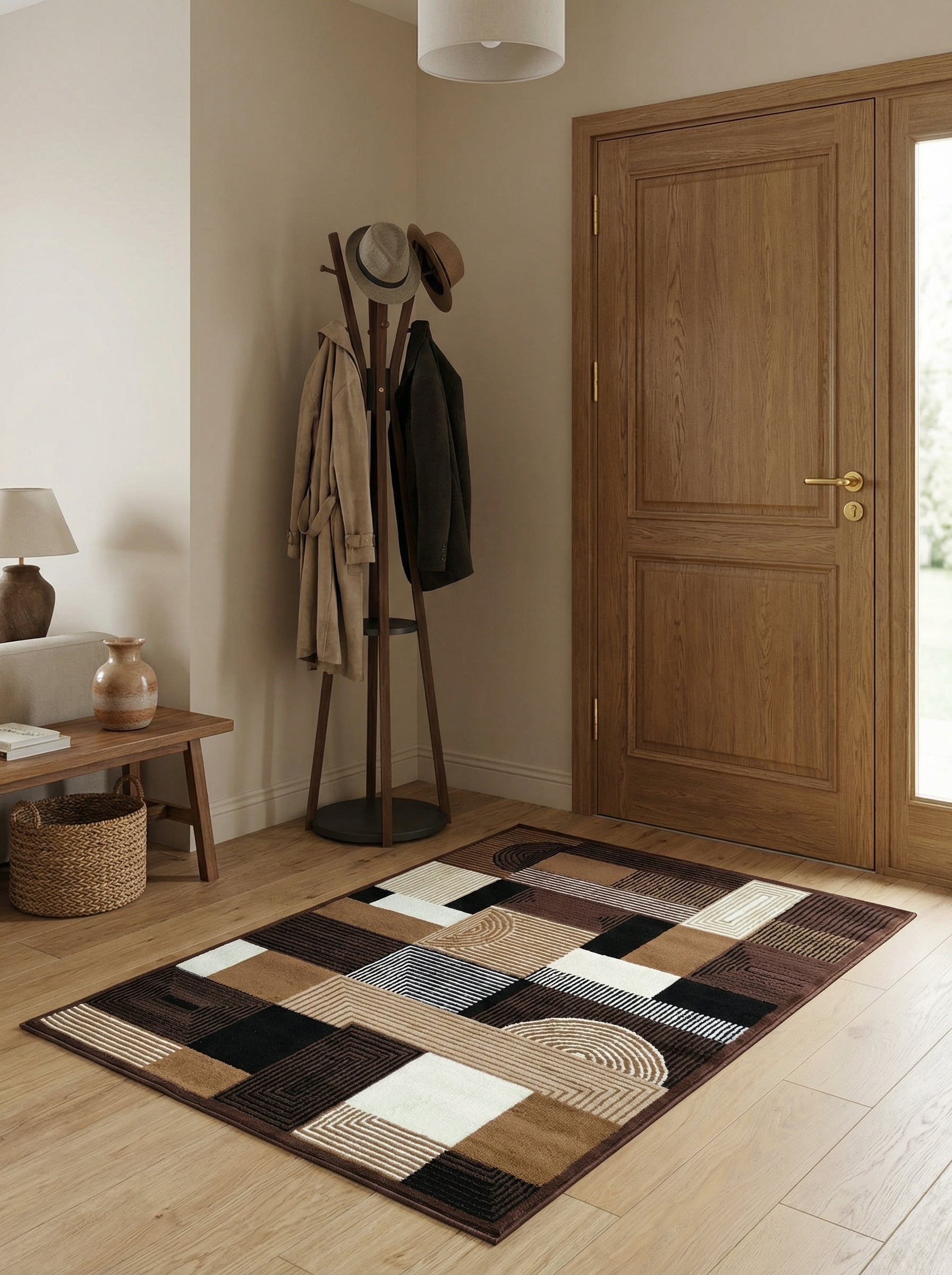 Tapis rectangulaire aux motifs géométriques marron, beige, noirs et blancs posé sur un parquet clair dans une entrée moderne