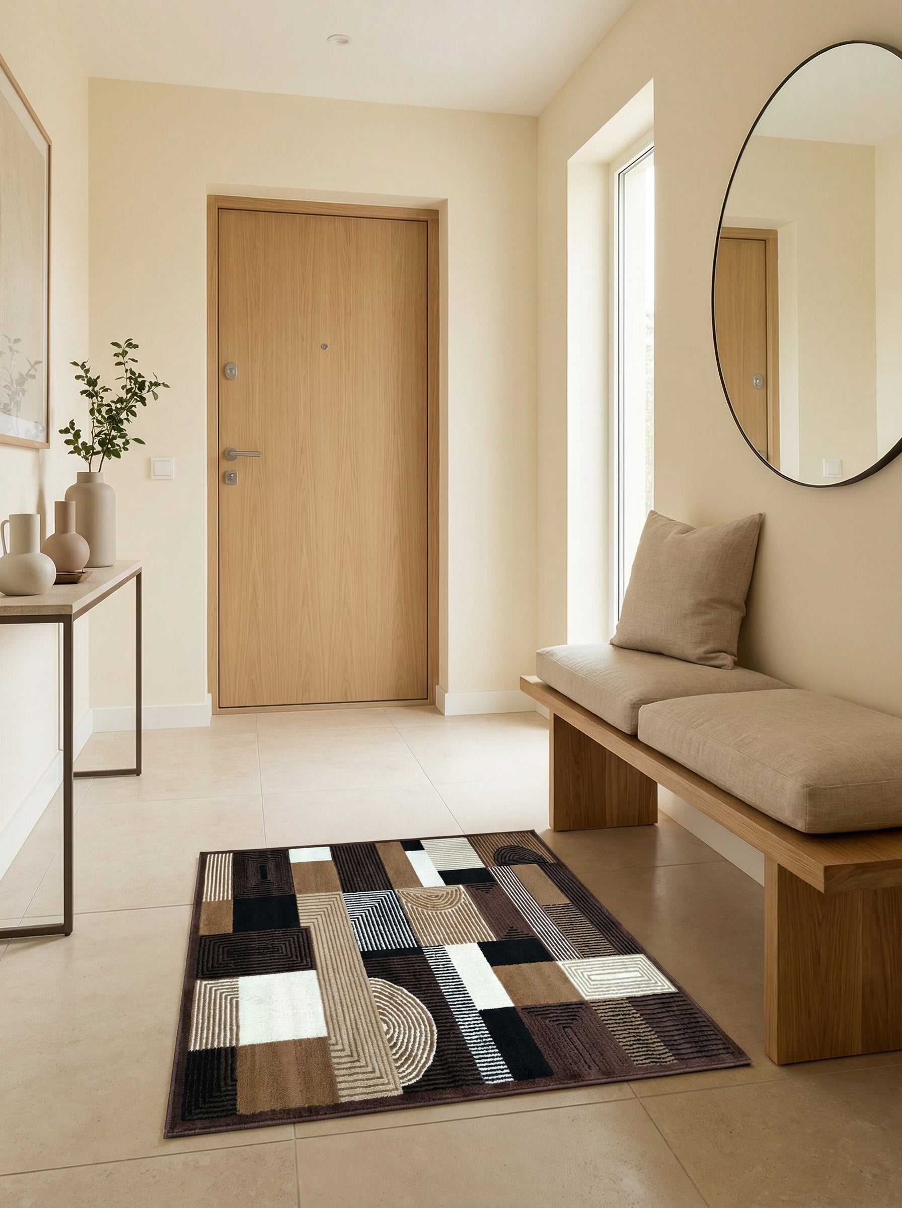 Tapis rectangulaire tissé aux motifs géométriques marron, noirs et blancs avec des rayures et formes courbes dans une entrée moderne