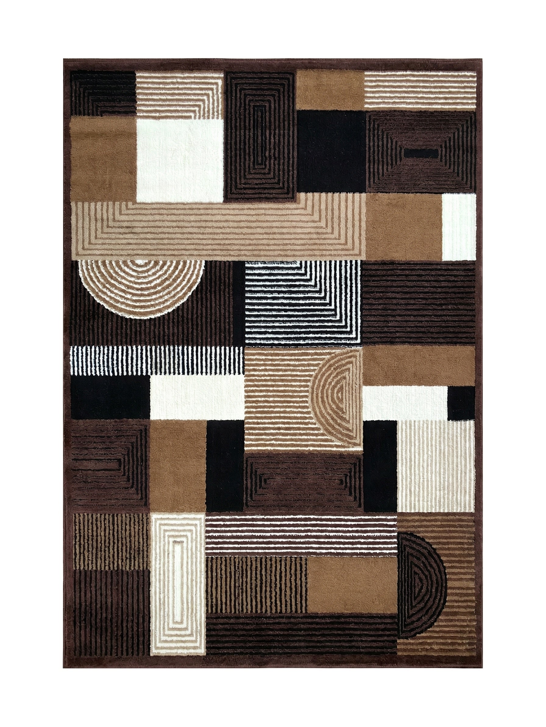 Tapis à motifs géométriques abstraits mélangeant le marron, le beige, le noir et le crème, avec des carrés, des rectangles et des demi-cercles rayés ou pleins