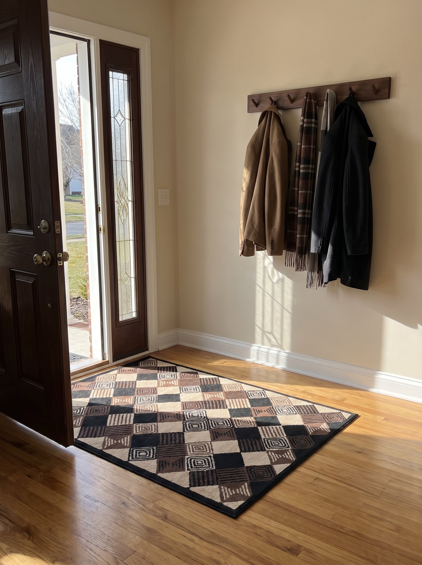 Tapis rectangulaire à motifs géométriques en damier noir, marron et crème, posé sur un plancher en bois clair dans une entrée ensoleillée