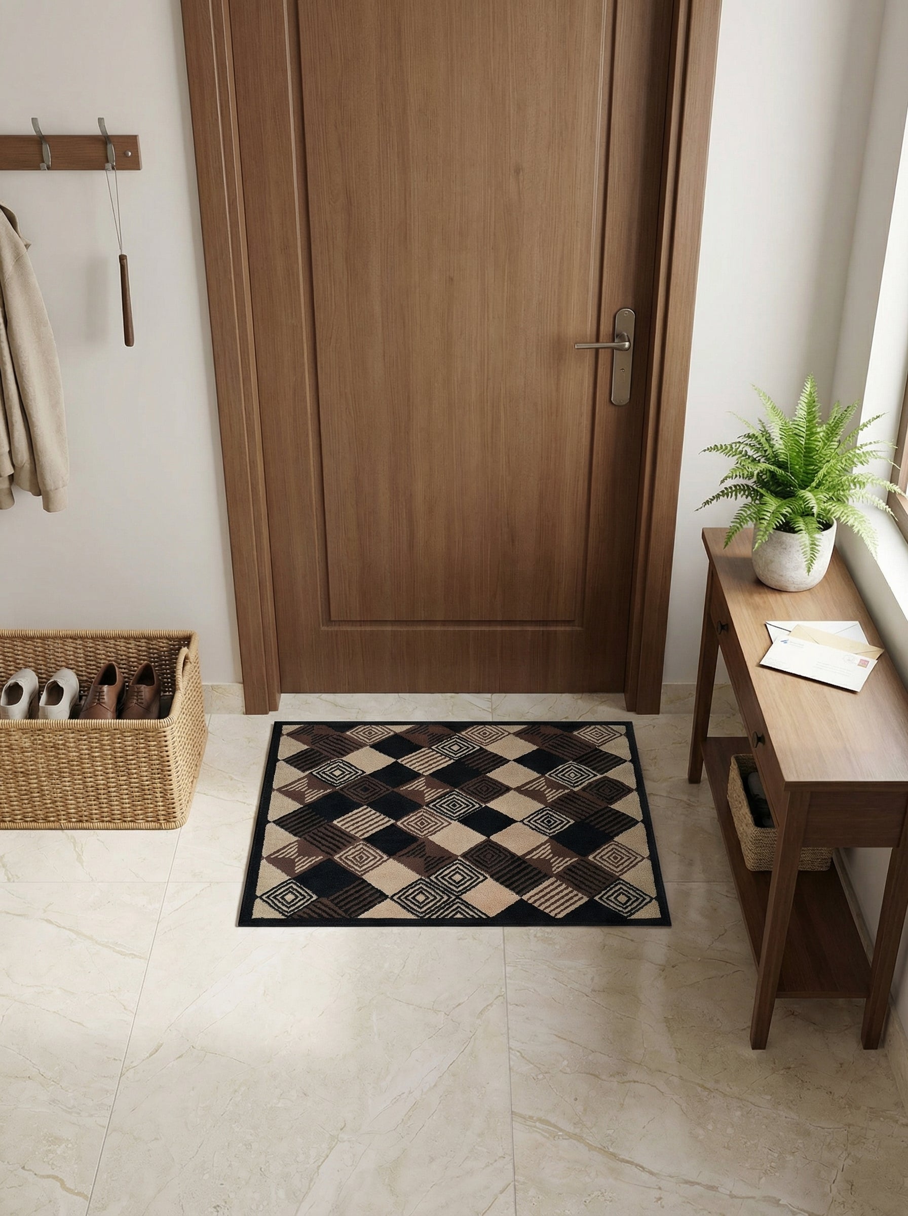 Tapis rectangulaire en tissu avec des motifs de losanges géométriques noirs, beiges et bruns, dans une entrée