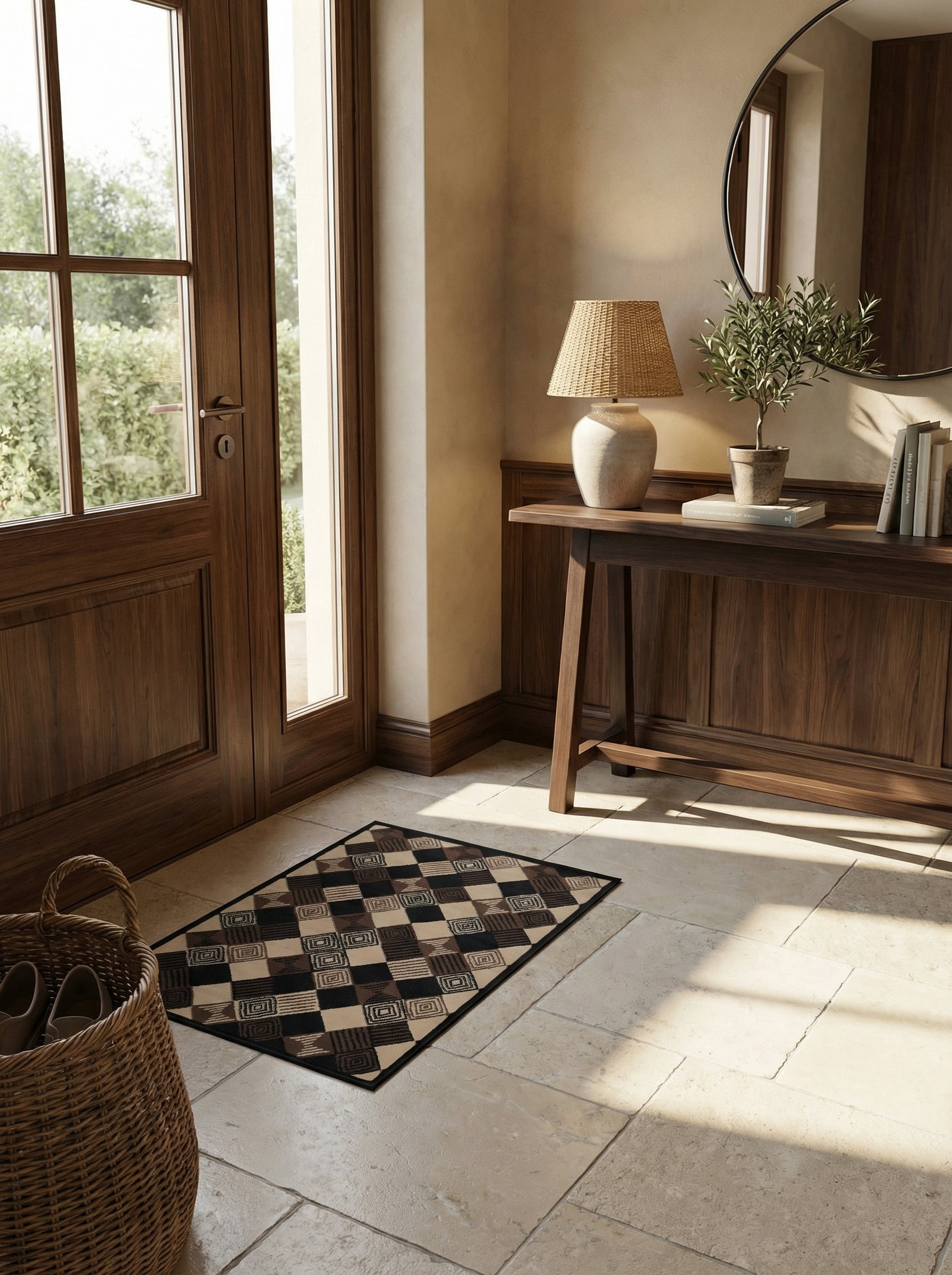 Tapis rectangulaire à damier noir, brun et beige, avec motifs rayés et carrés imbriqués, dans une entrée lumineuse