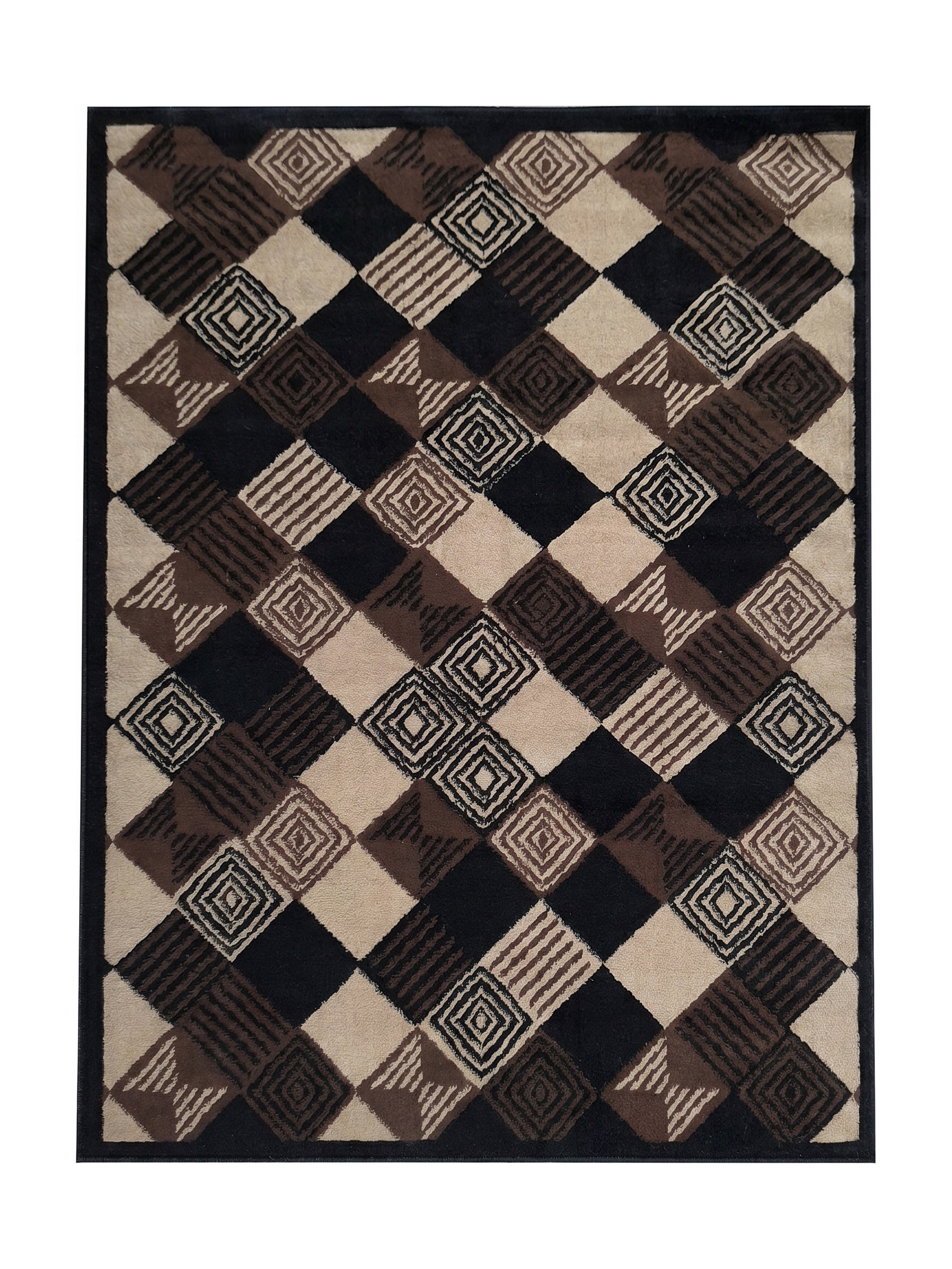 Tapis à motifs géométriques de losanges noirs, marron et beiges, certains unis, d'autres rayés ou avec des losanges concentriques