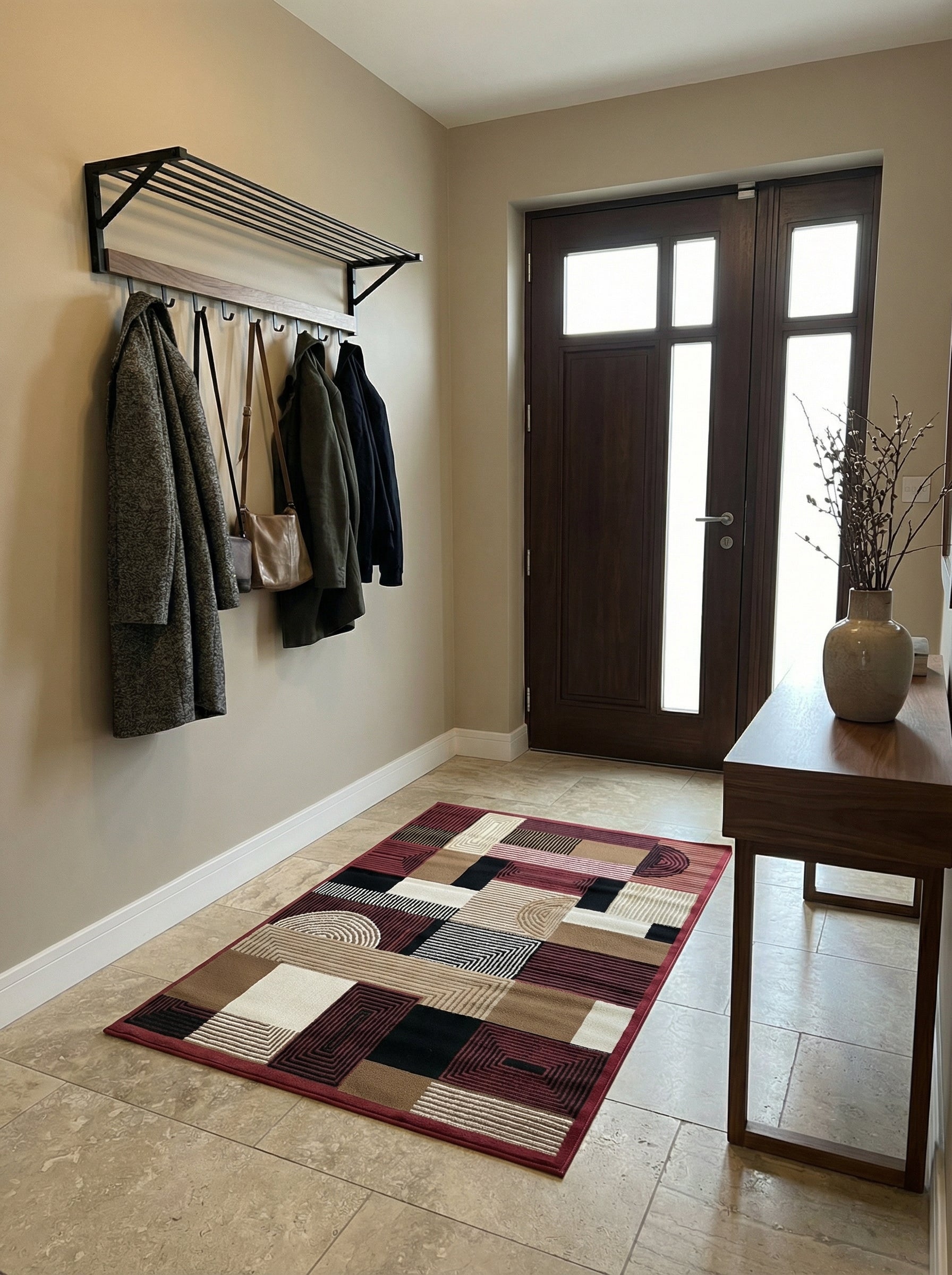 Tapis rectangulaire à poils courts, rouge bordeaux, beige, marron et noir, avec des motifs géométriques en patchwork, dans une entrée