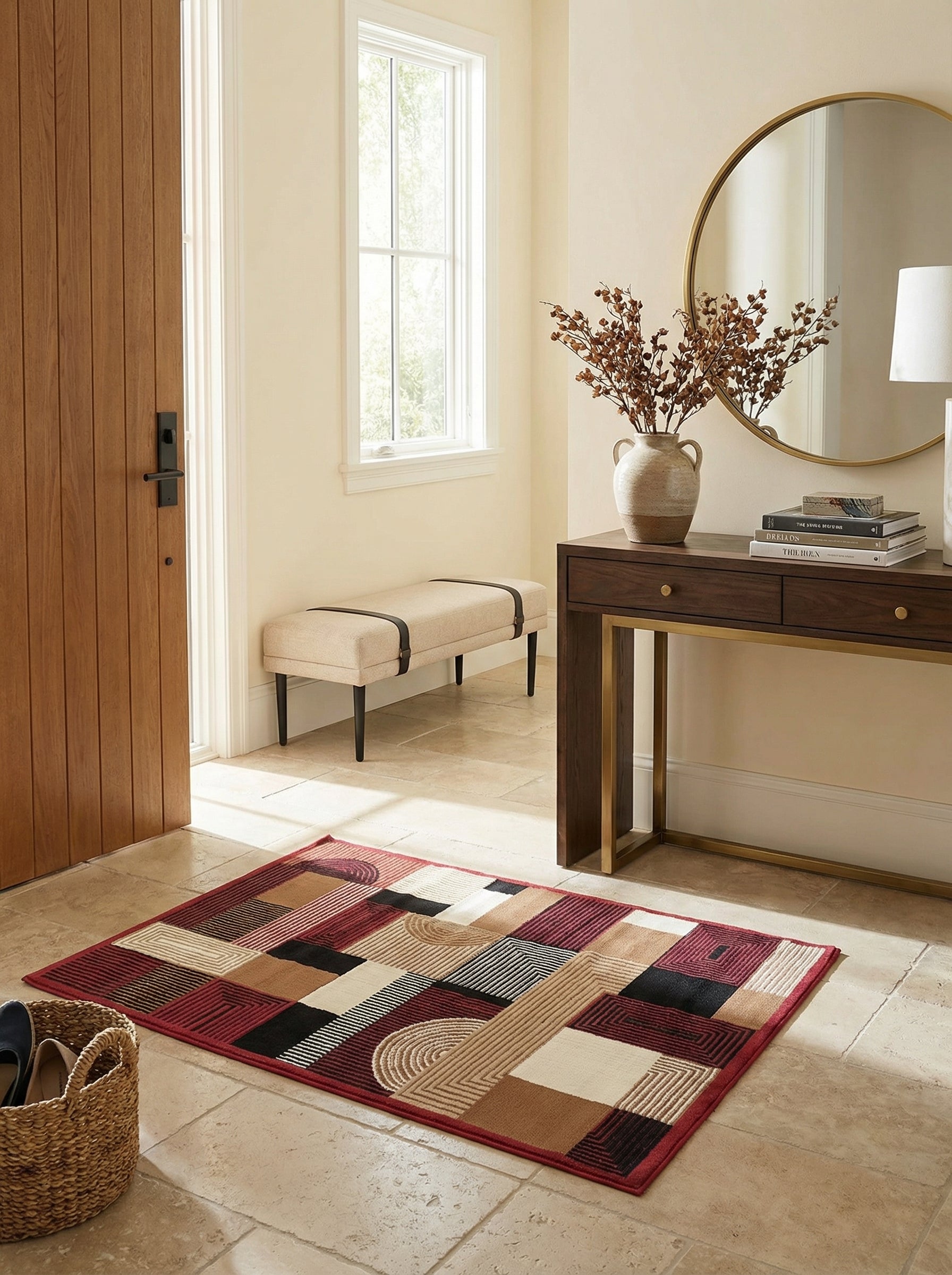 Tapis rectangulaire à motifs géométriques complexes en rouge foncé, noir, beige et crème sur le sol d'une entrée moderne