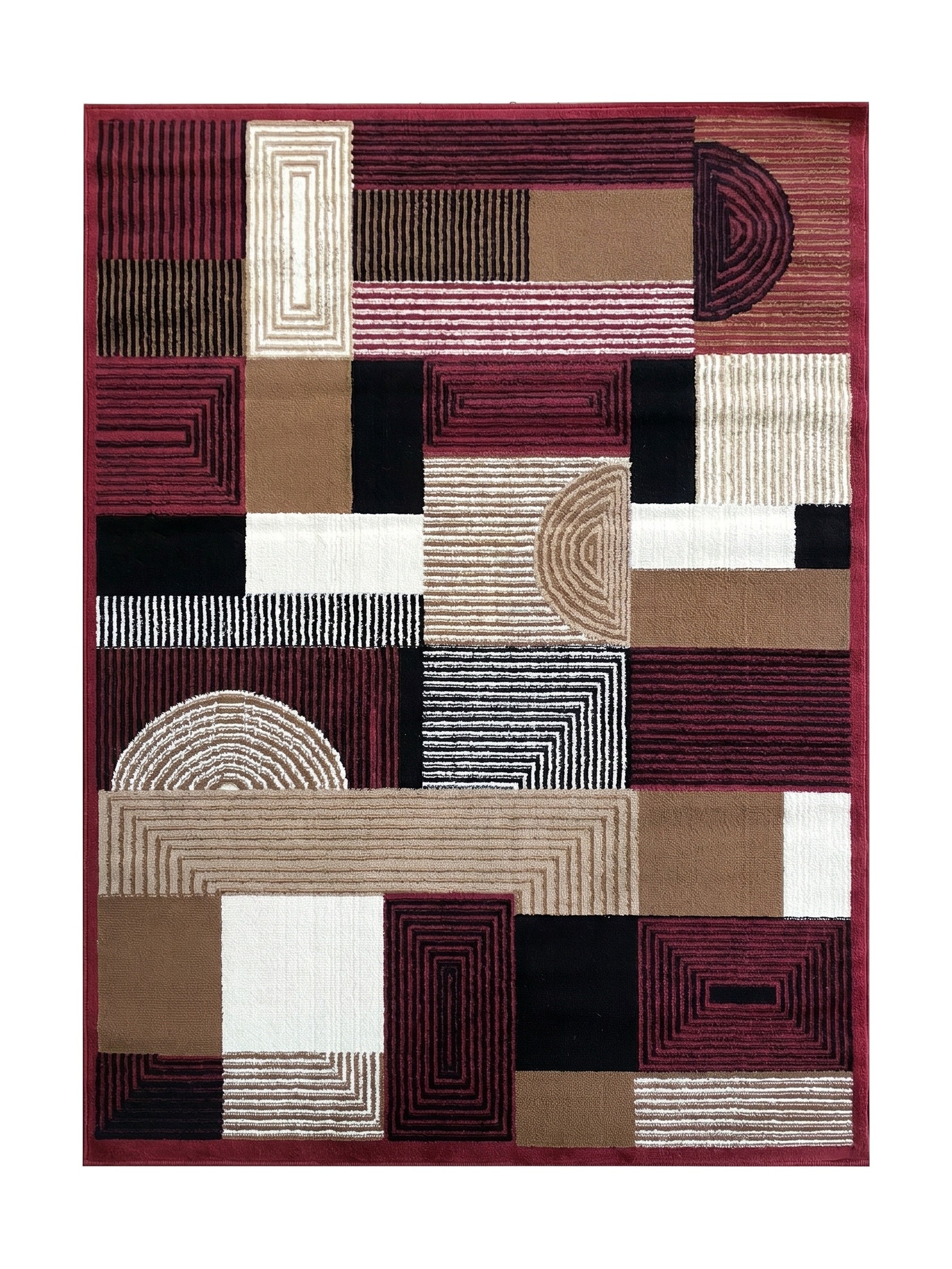 Tapis à motifs géométriques composés de blocs de couleurs, de rayures et de formes concentriques en bordeaux, beige, noir et blanc