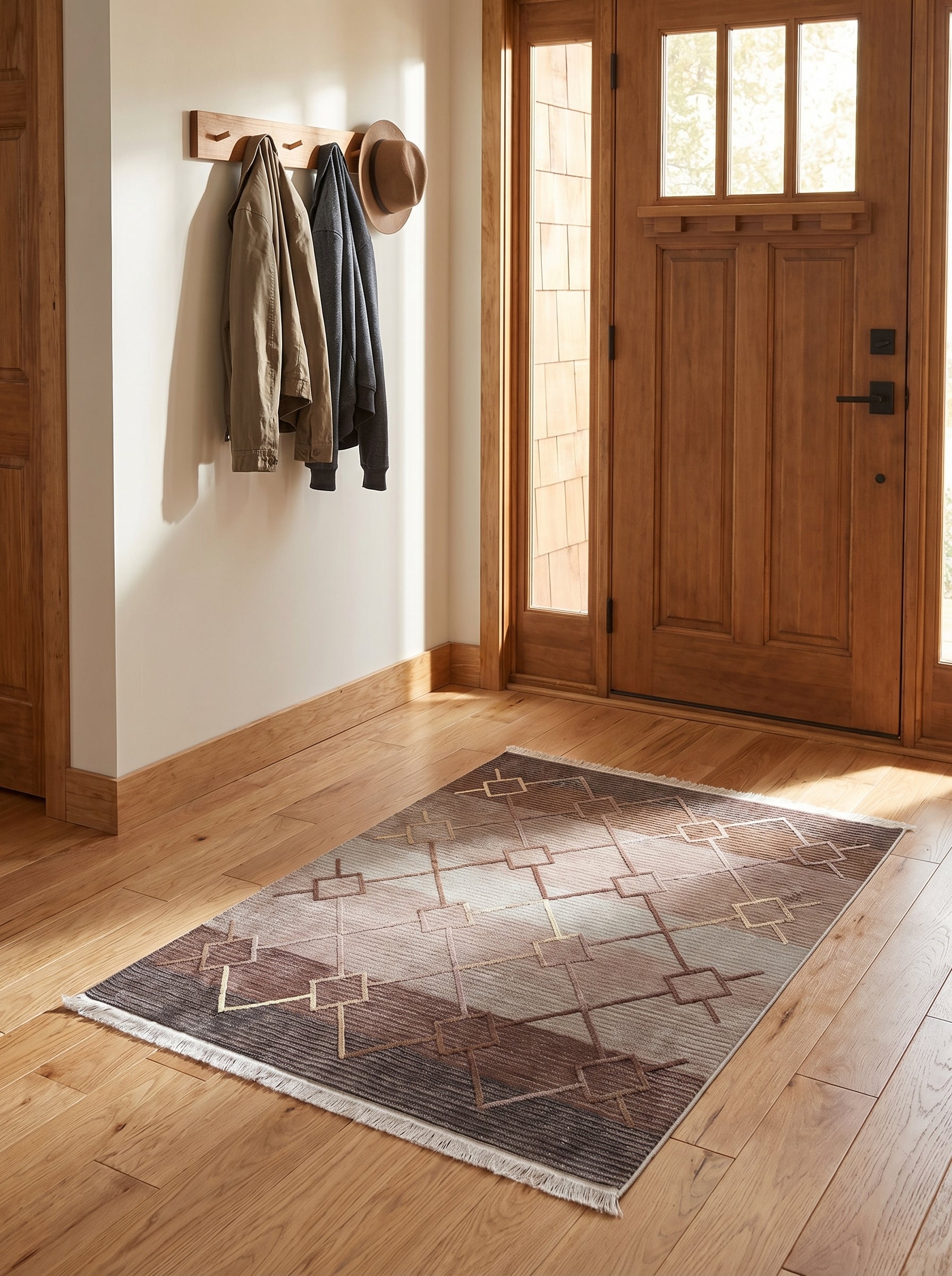 Tapis rectangulaire tissé aux motifs géométriques gris, marron et beiges avec des accents dorés, posé sur un parquet clair dans une entrée
