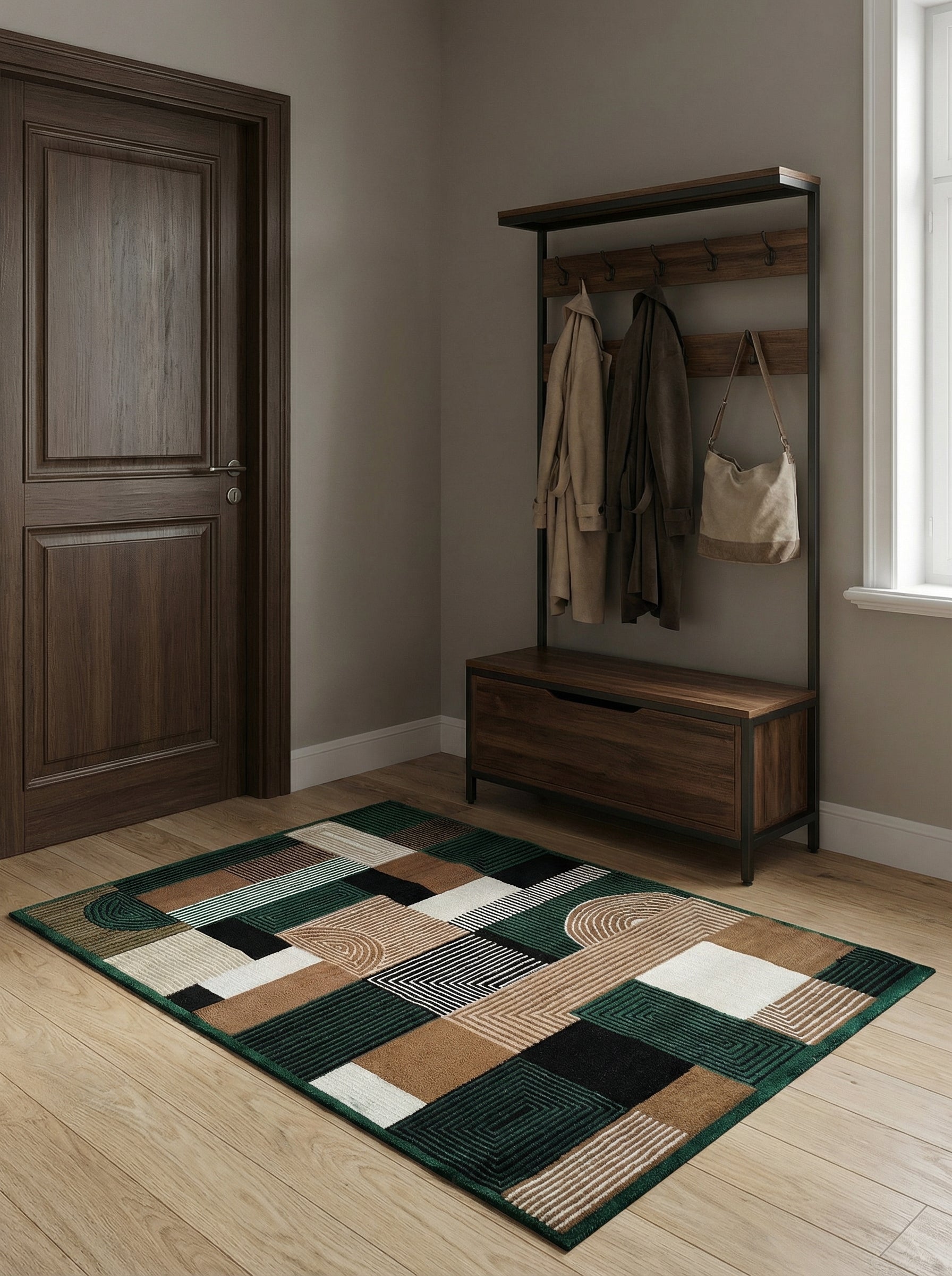 Tapis rectangulaire aux motifs géométriques abstraits vert foncé, marron, noir et crème, sur un parquet clair dans une entrée