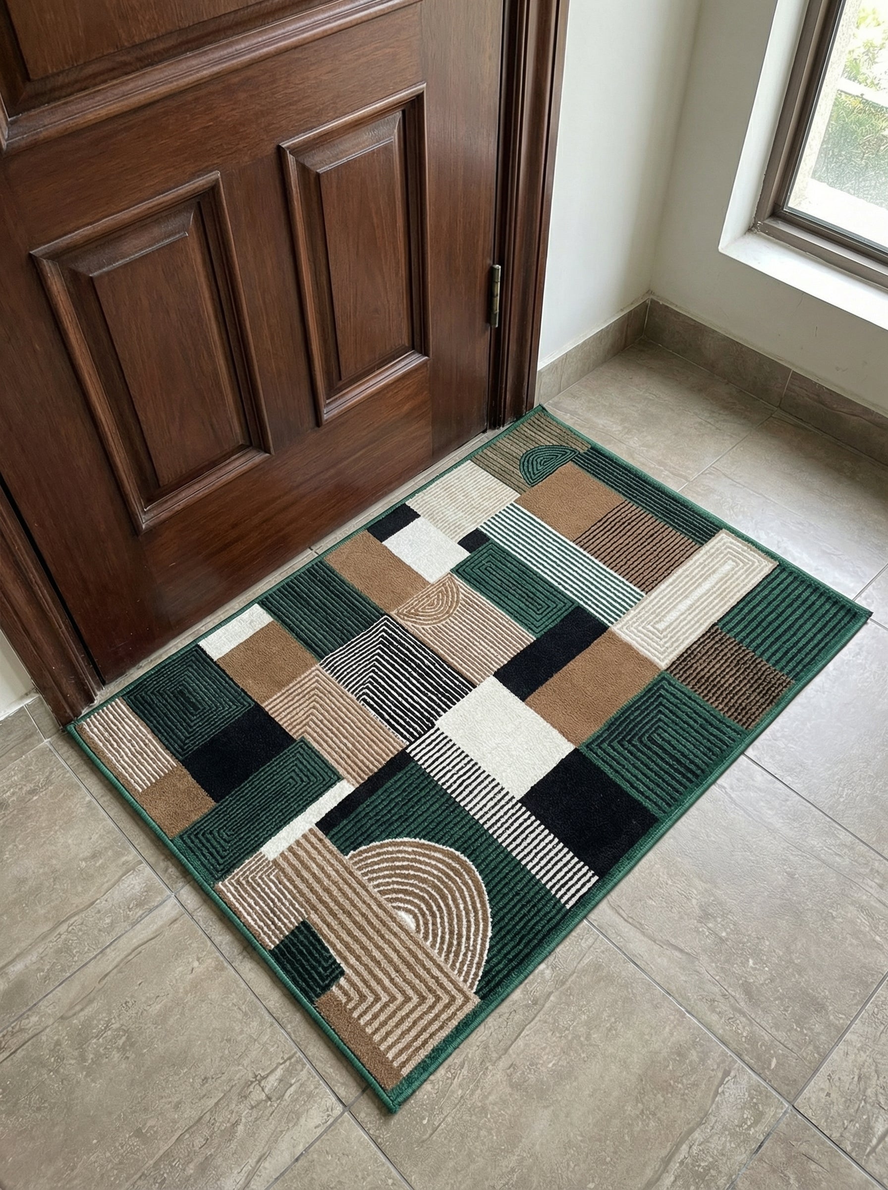 Tapis rectangulaire à motifs géométriques verts, marrons, noirs et blancs, posé sur un carrelage clair devant une porte en bois foncé dans une entrée