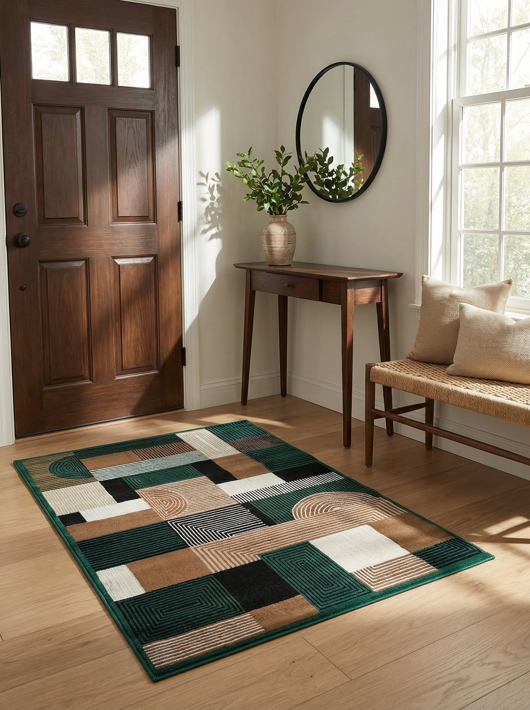 Tapis rectangulaire aux motifs géométriques vert foncé, marron, blanc cassé et noir, avec des lignes et arcs concentriques, dans une entrée