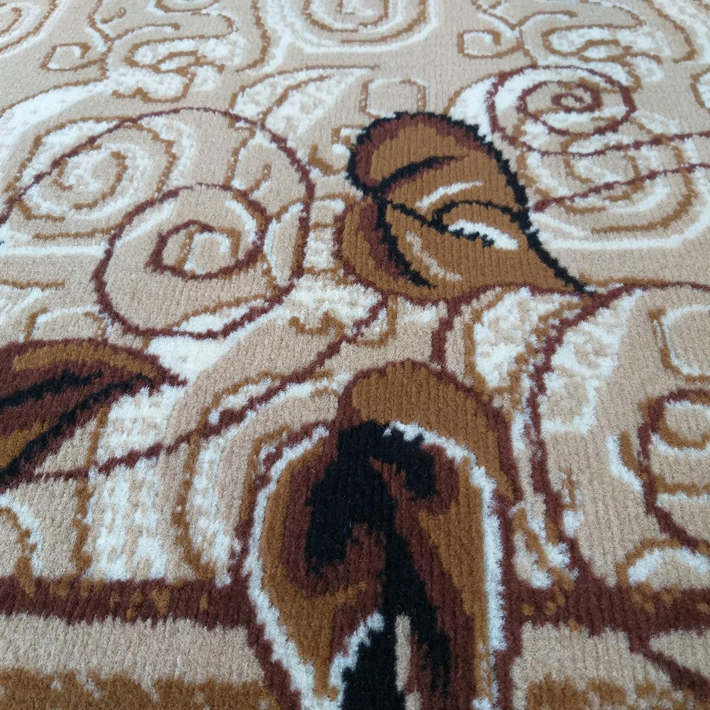 Tapis textile beige orné de motifs abstraits et de spirales aux teintes de marron, brun et blanc