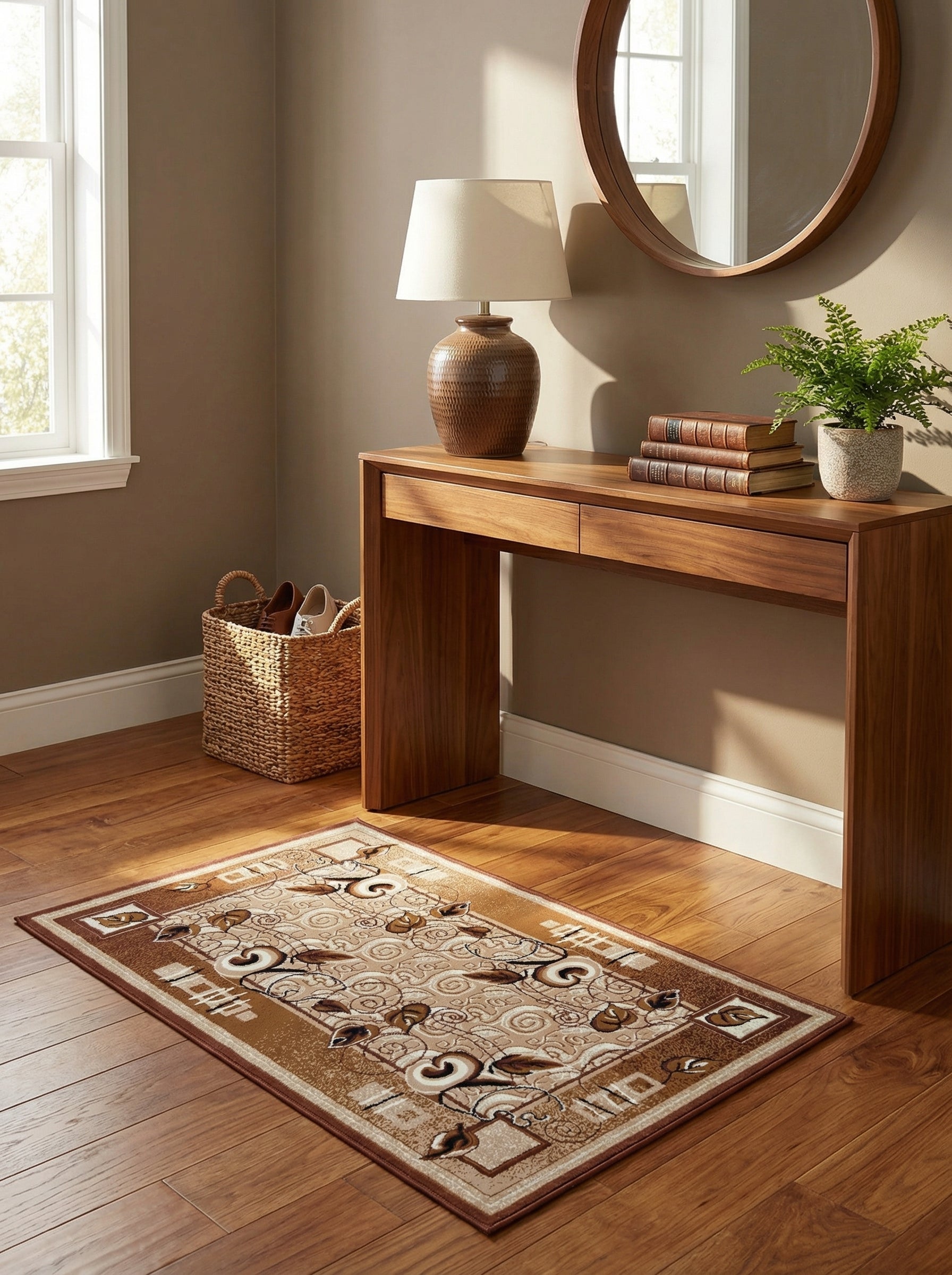 Tapis rectangulaire beige, marron et crème à motifs floraux et géométriques, sur un parquet clair dans un couloir décoré
