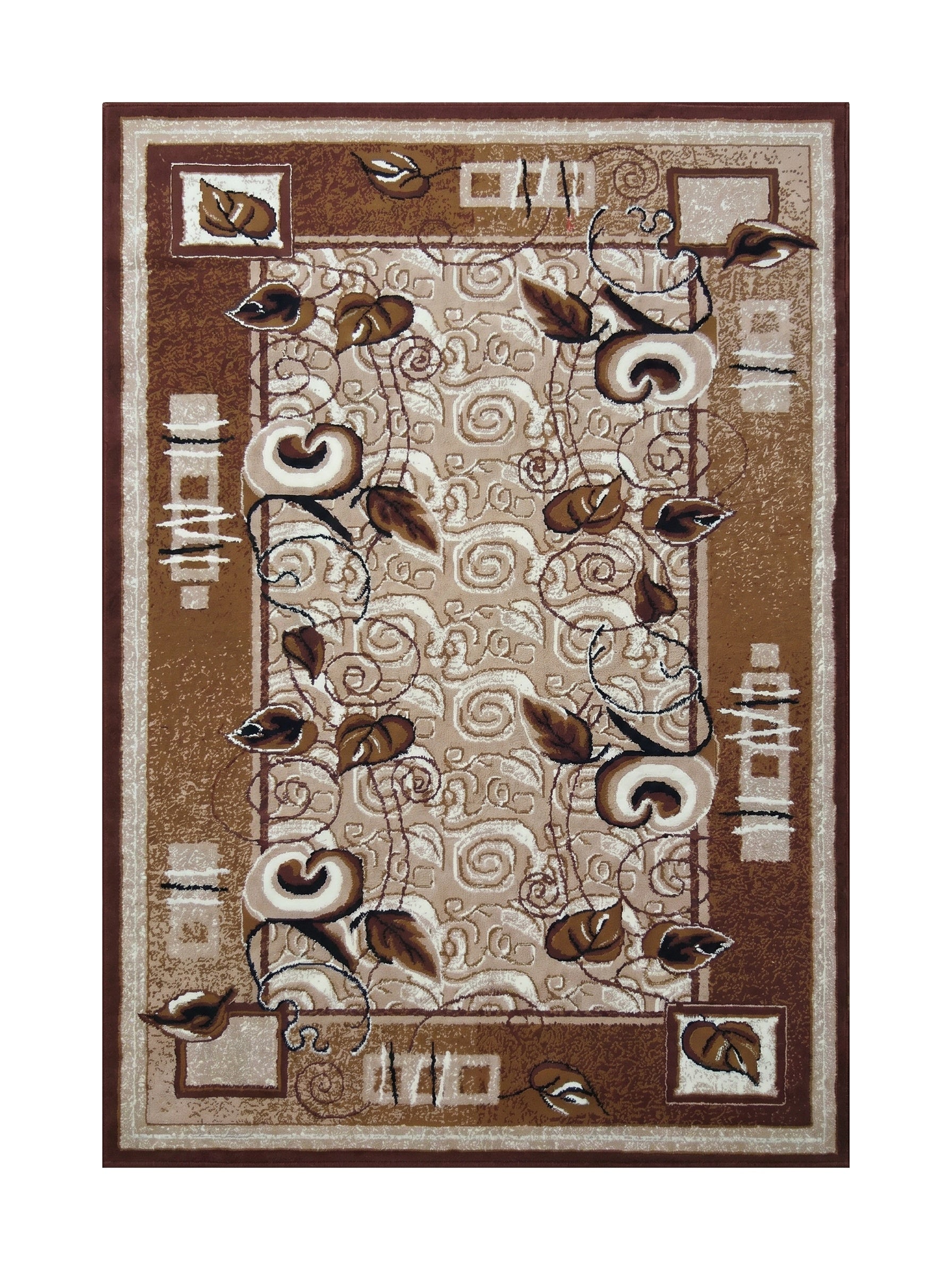 Tapis marron et beige orné de motifs floraux stylisés, de feuilles et de volutes au centre, avec une bordure géométrique