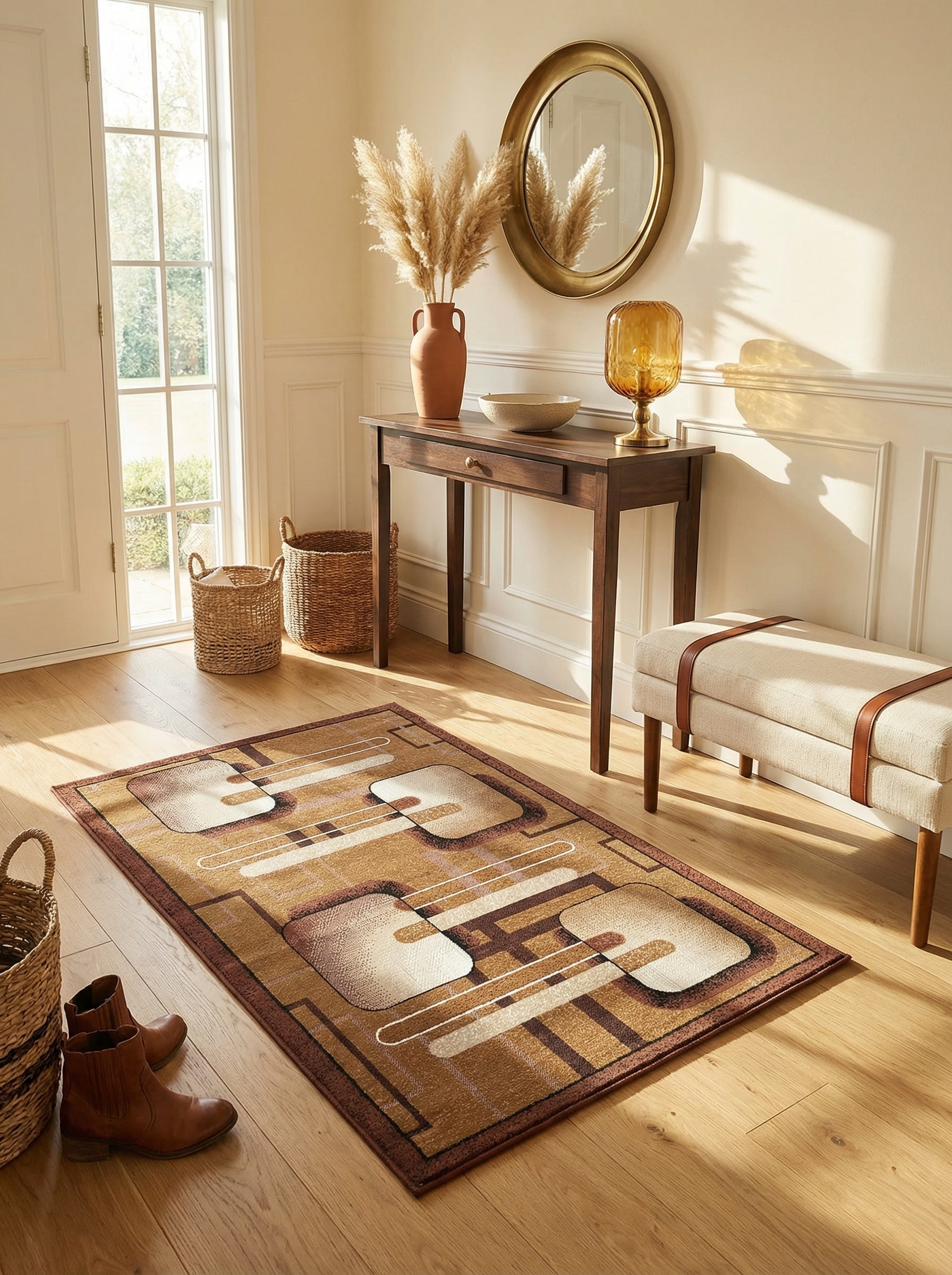 Tapis rectangulaire aux motifs géométriques de formes arrondies beiges et marron sur fond camel, avec des lignes blanches, dans une entrée lumineuse
