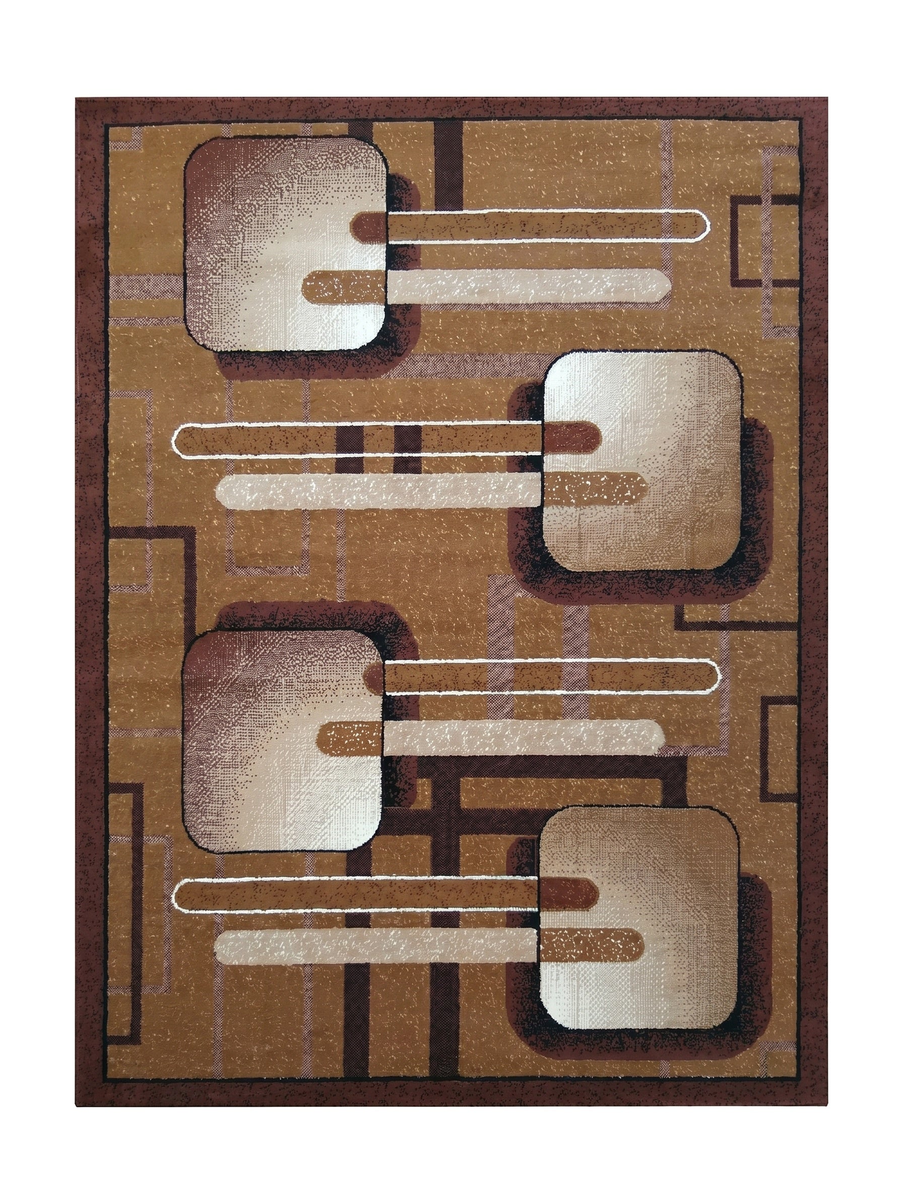Tapis rectangulaire à motifs géométriques marron, beige et blanc cassé avec des formes arrondies et des lignes horizontales sur un fond moucheté
