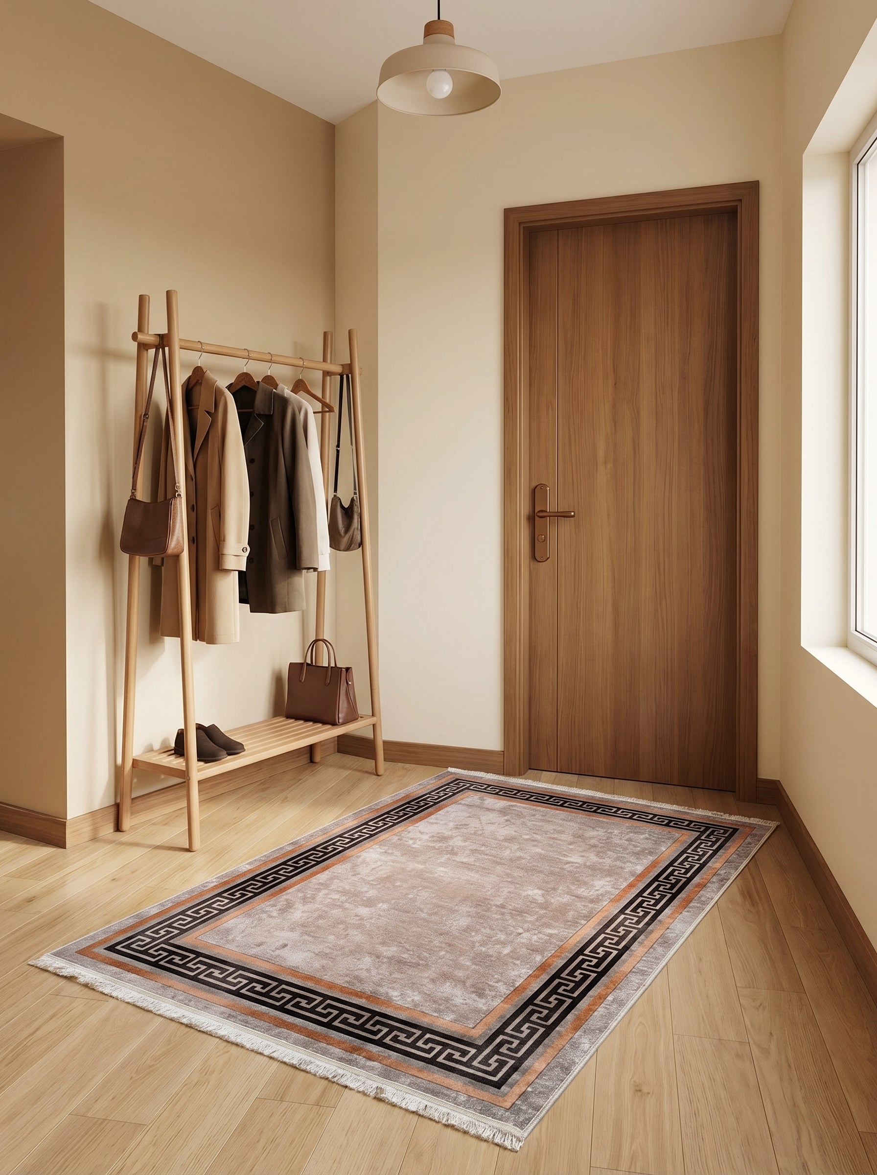 Tapis rectangulaire beige nuancé et texturé avec une bordure à motifs grecs noirs et orange, posé sur le parquet d'une entrée