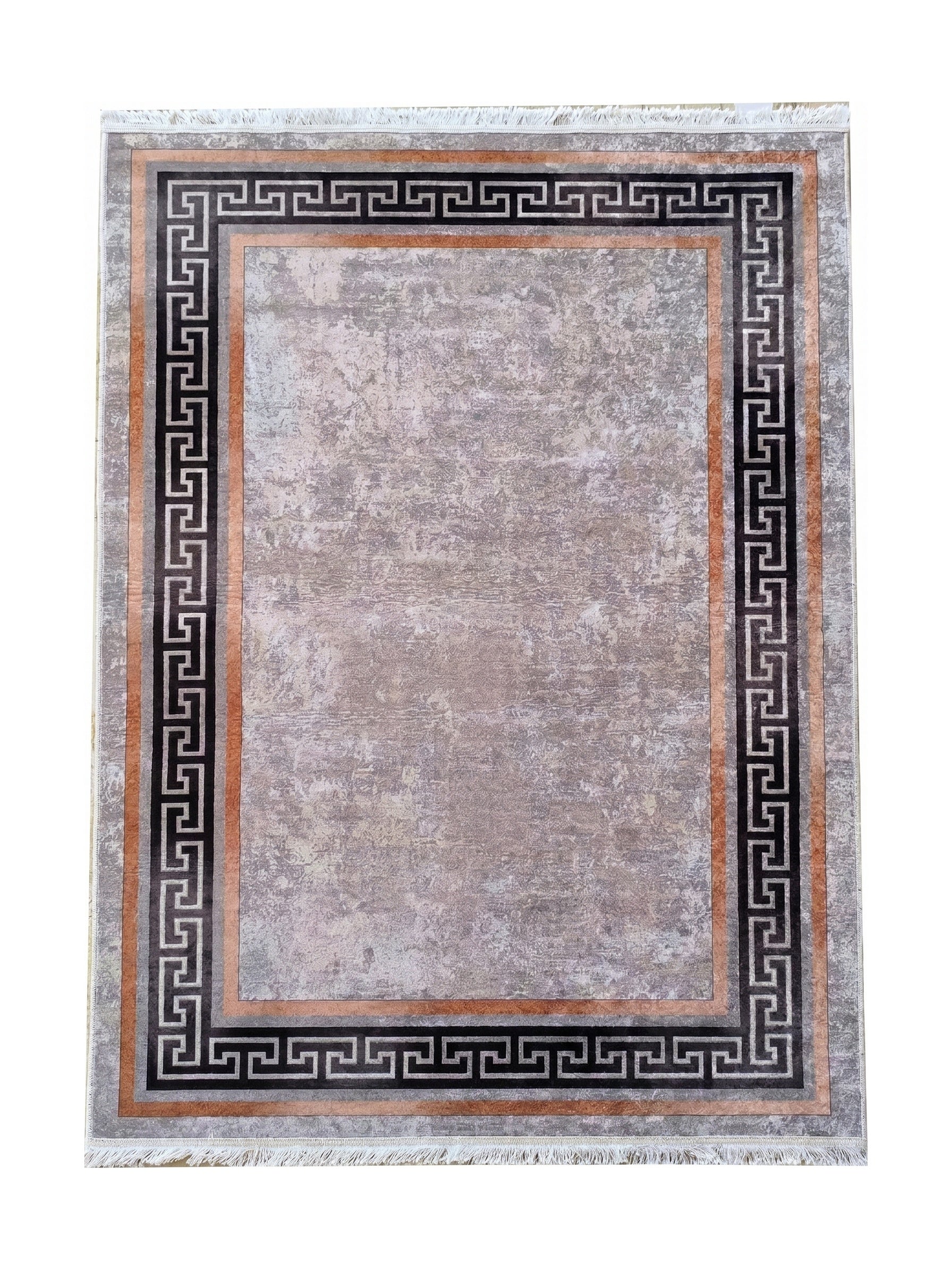 Tapis rectangulaire gris-brun avec une bordure à motif méandre noir et gris, une bande cuivre et des franges