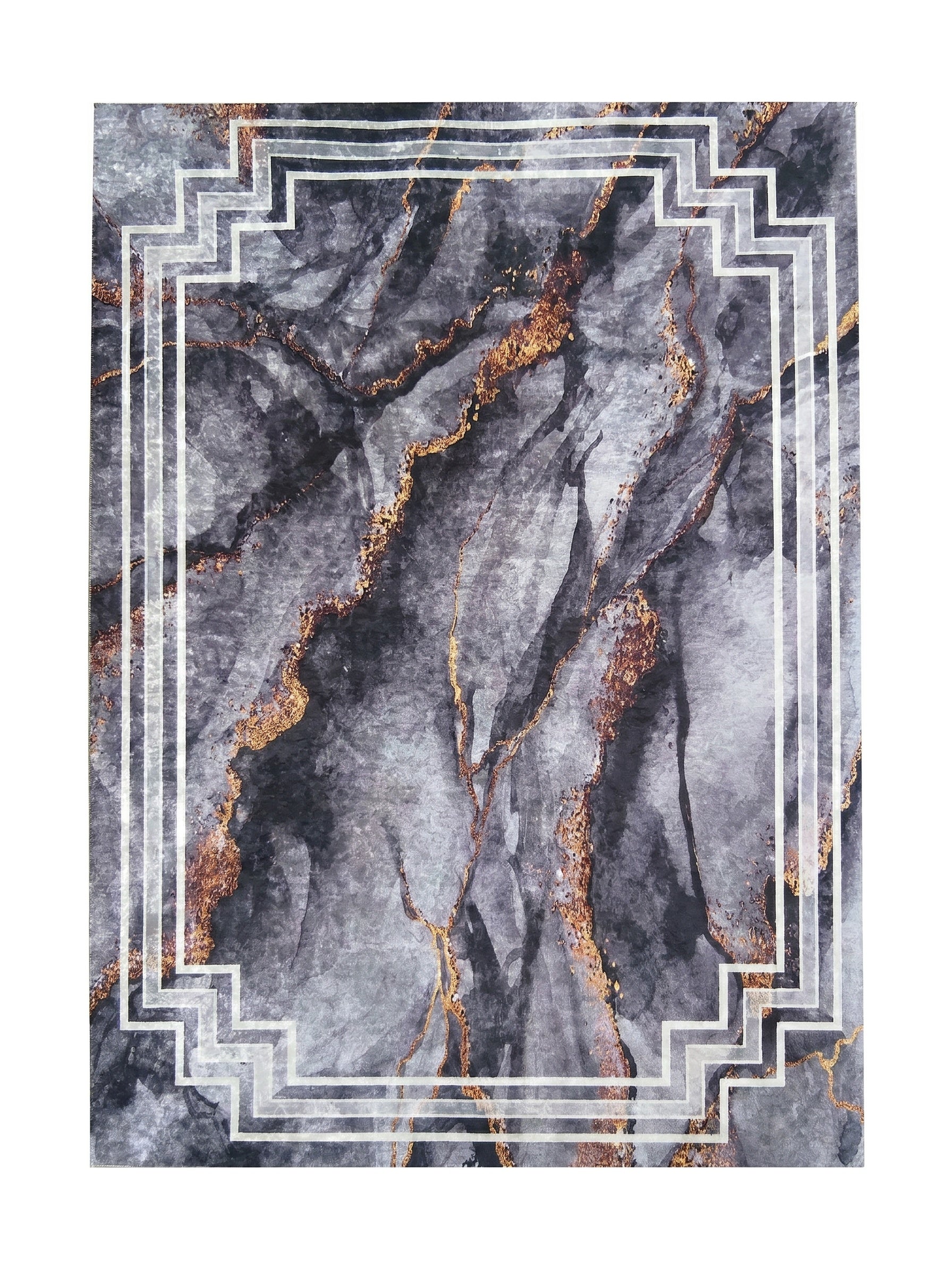 Tapis à motif abstrait gris et noir imitant le marbre, avec des veines dorées scintillantes et une bordure géométrique blanche