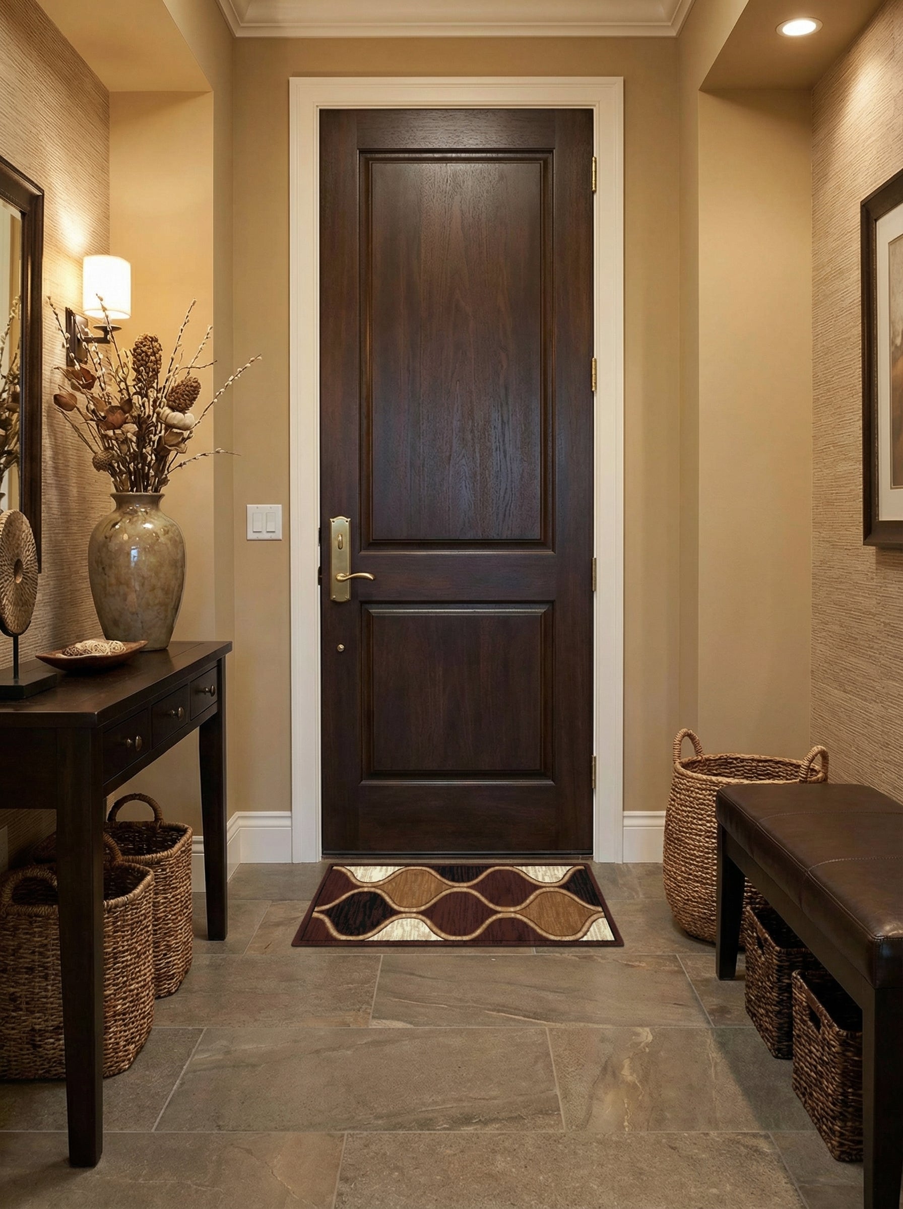 Tapis rectangulaire aux motifs ondulés marron foncé, beige et crème, bordés de lignes claires, dans une entrée