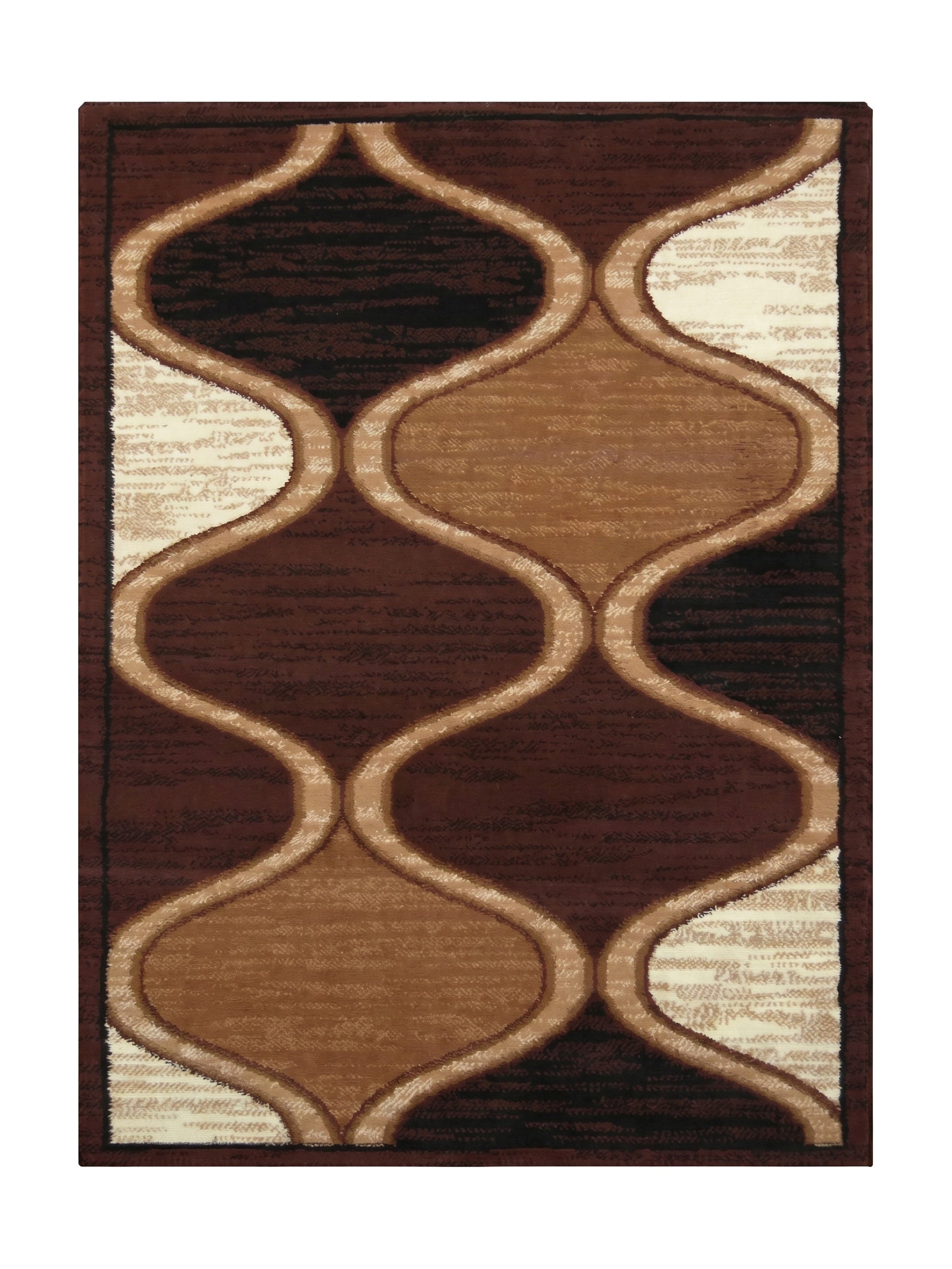 Tapis rectangulaire aux motifs abstraits courbés entrelacés, dans les tons marron, beige et crème, avec une texture textile