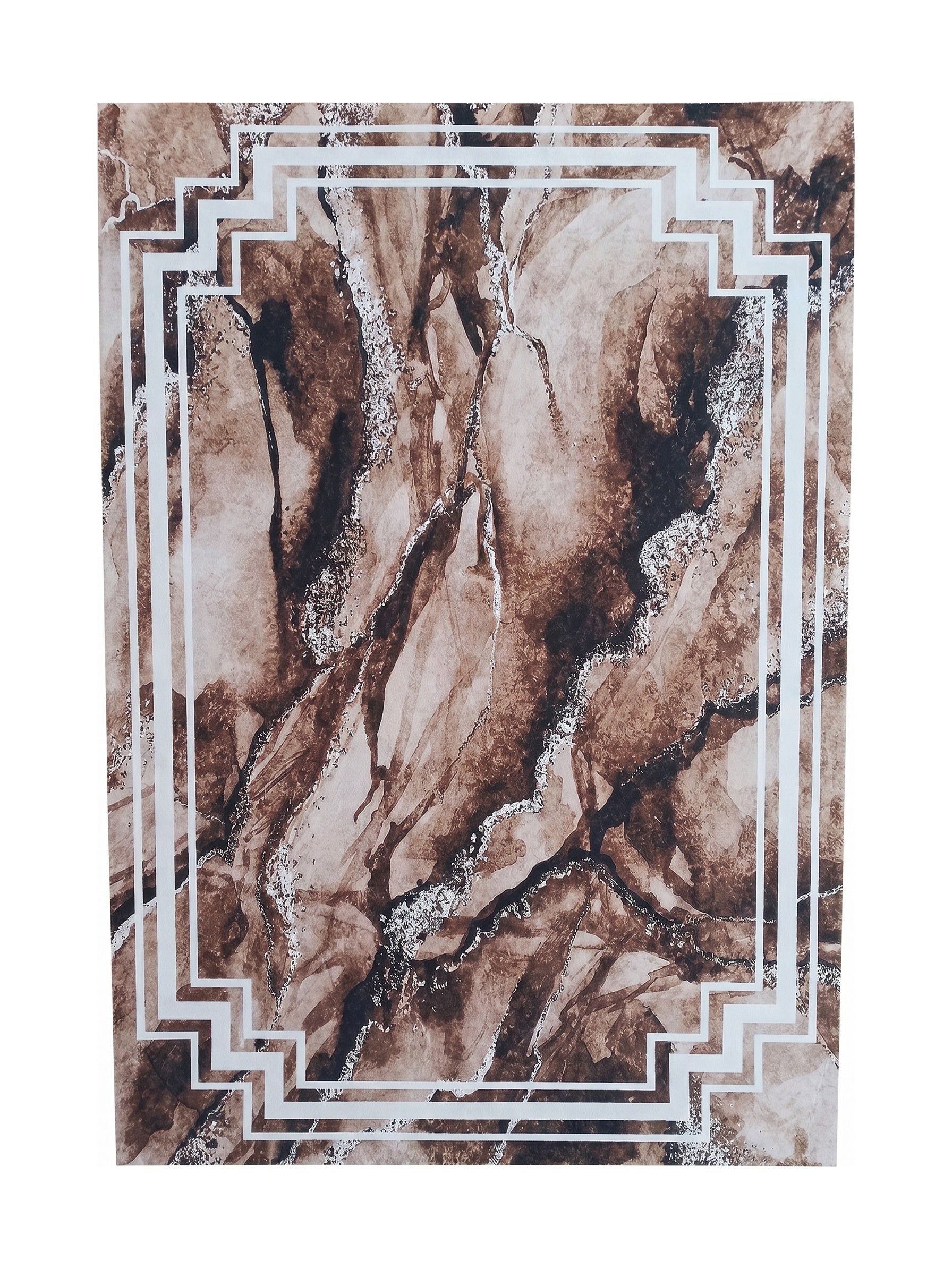 Tapis aux nuances de marron avec un motif abstrait marbré, des éclats clairs et une bordure géométrique blanche