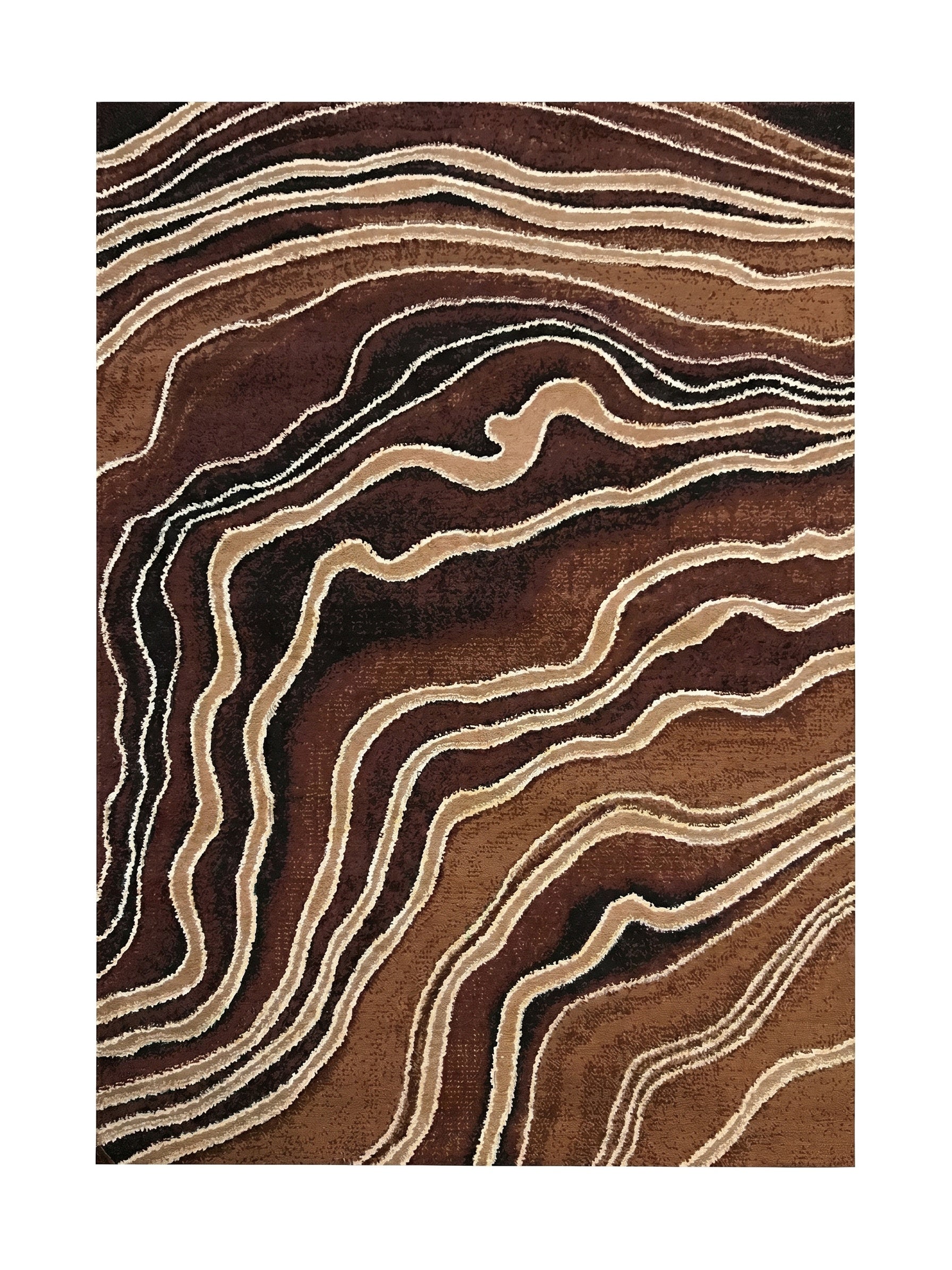 Tapis rectangulaire à motifs de bandes ondulées en dégradé de marron, beige et blanc, avec une surface texturée