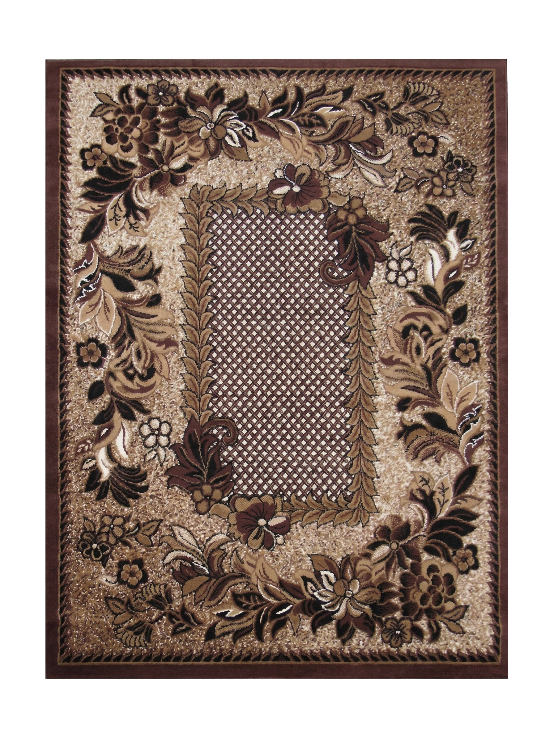 Tapis texturé marron et beige orné de motifs floraux détaillés encadrant un centre géométrique à petits carreaux