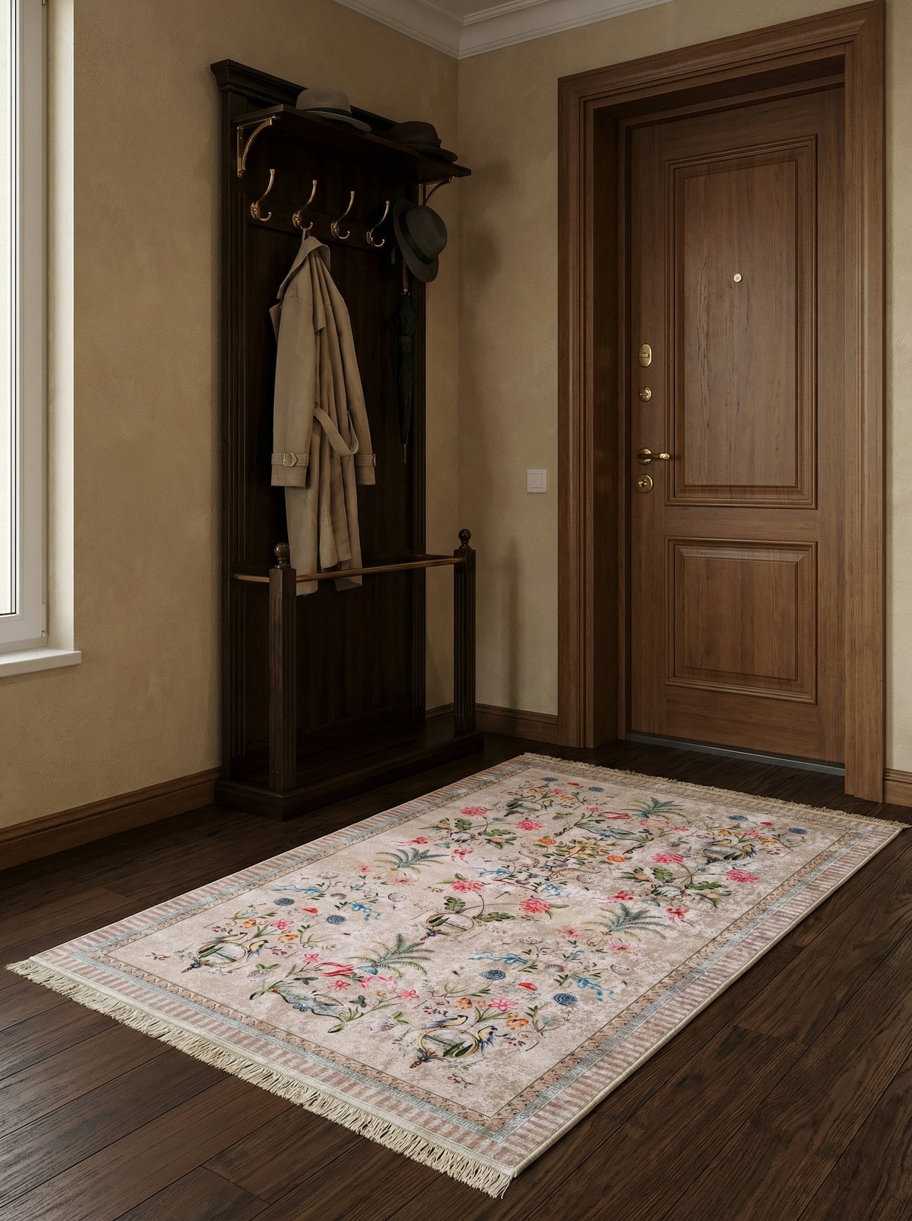 Tapis rectangulaire beige aux motifs floraux colorés et oiseaux, bordure rayée et franges, sur un parquet foncé dans une entrée