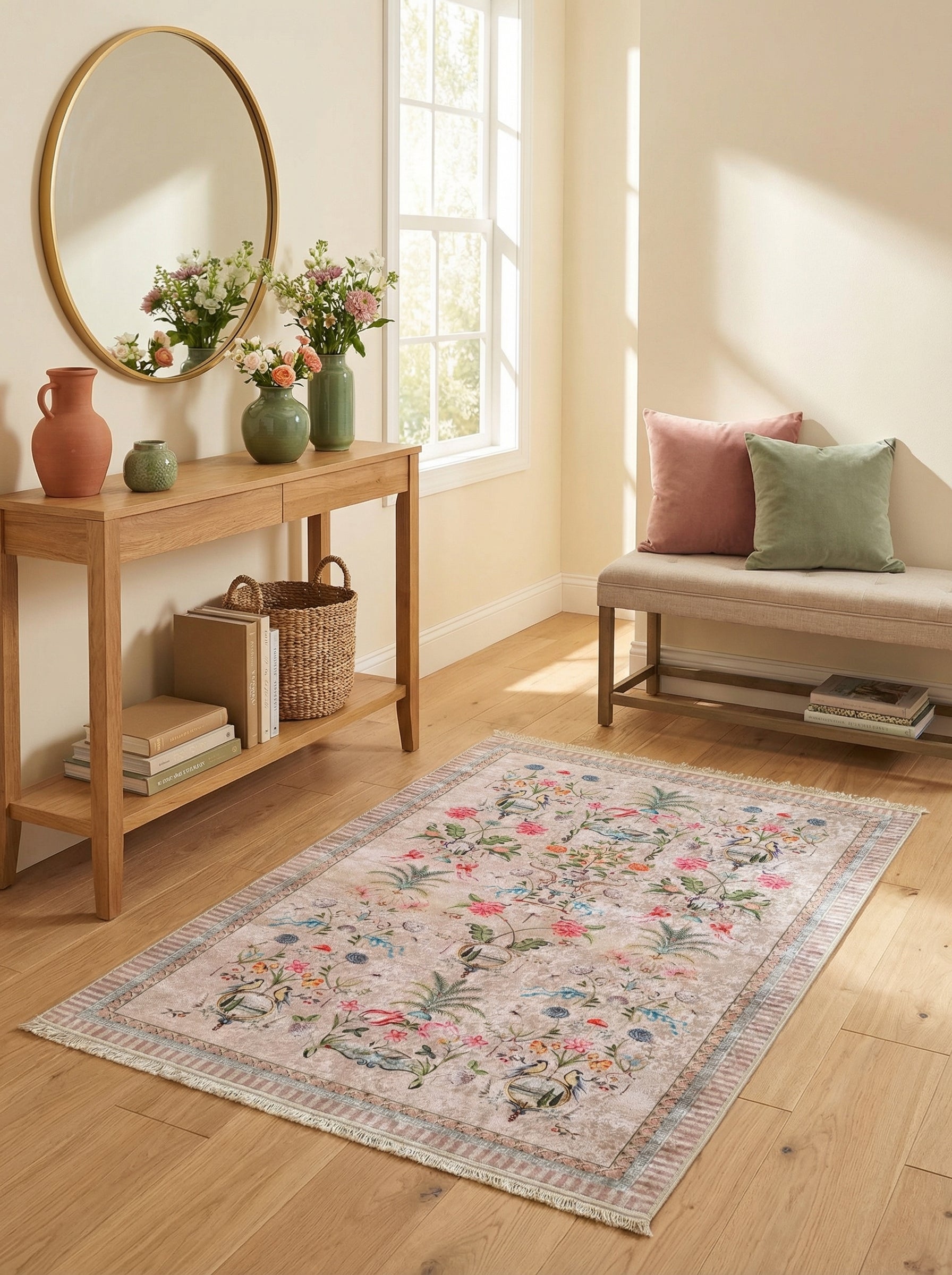 Tapis rectangulaire beige rosé à motifs floraux et oiseaux multicolores vifs, bordure rayée, sur parquet clair dans une entrée