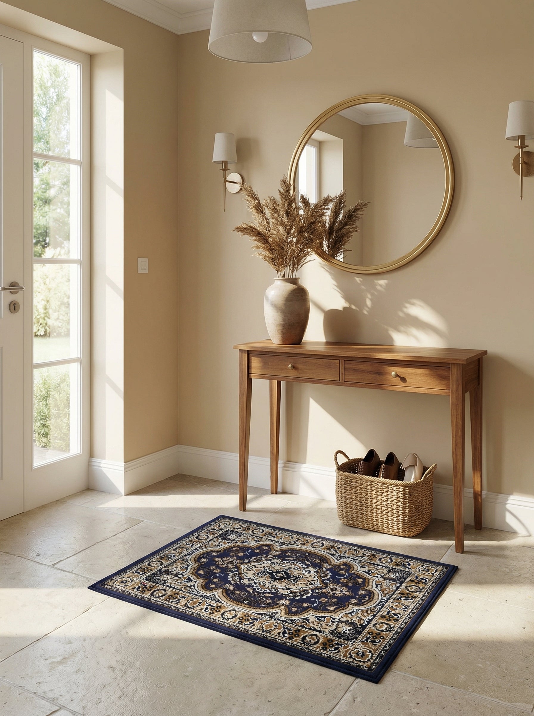 Tapis rectangulaire bleu marine aux motifs floraux et arabesques beiges, blancs et or dans une entrée