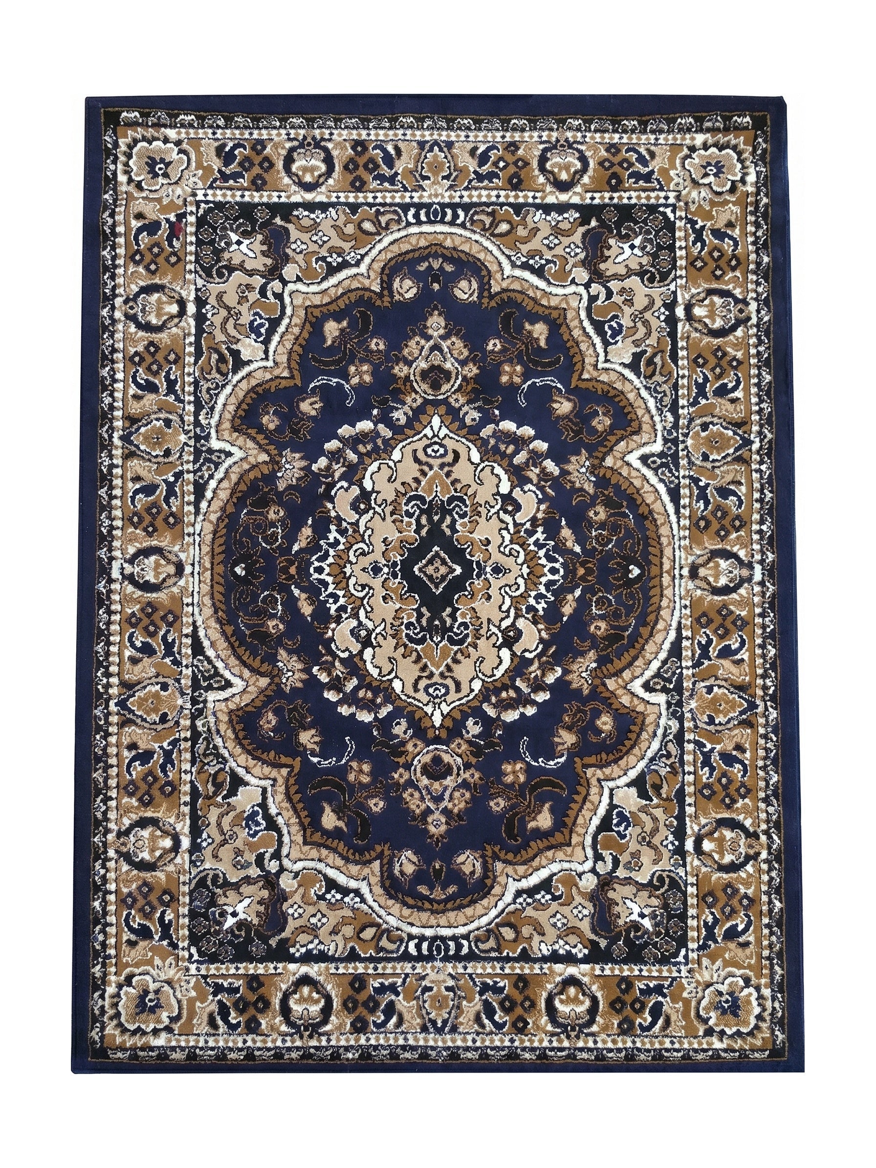 Tapis à motifs traditionnels ornementaux en bleu marine, beige, crème, marron et noir, avec un médaillon central détaillé