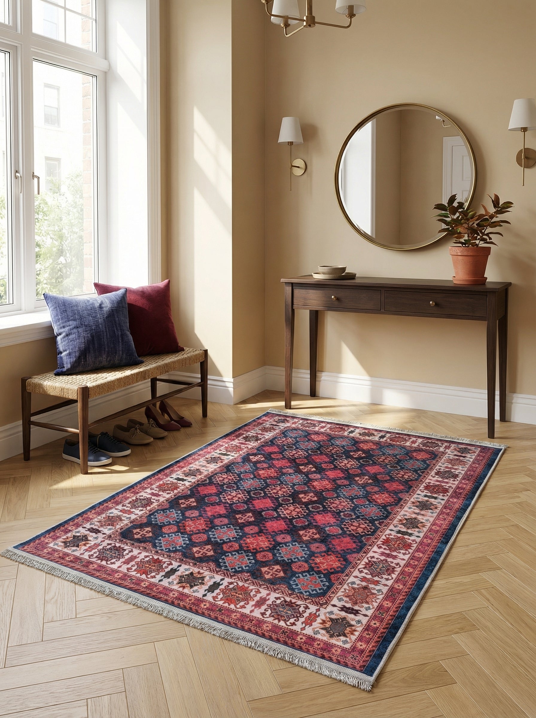 Tapis rectangulaire à motifs géométriques bleu marine, rouge brique et beige avec franges, sur un parquet clair en chevrons dans une entrée
