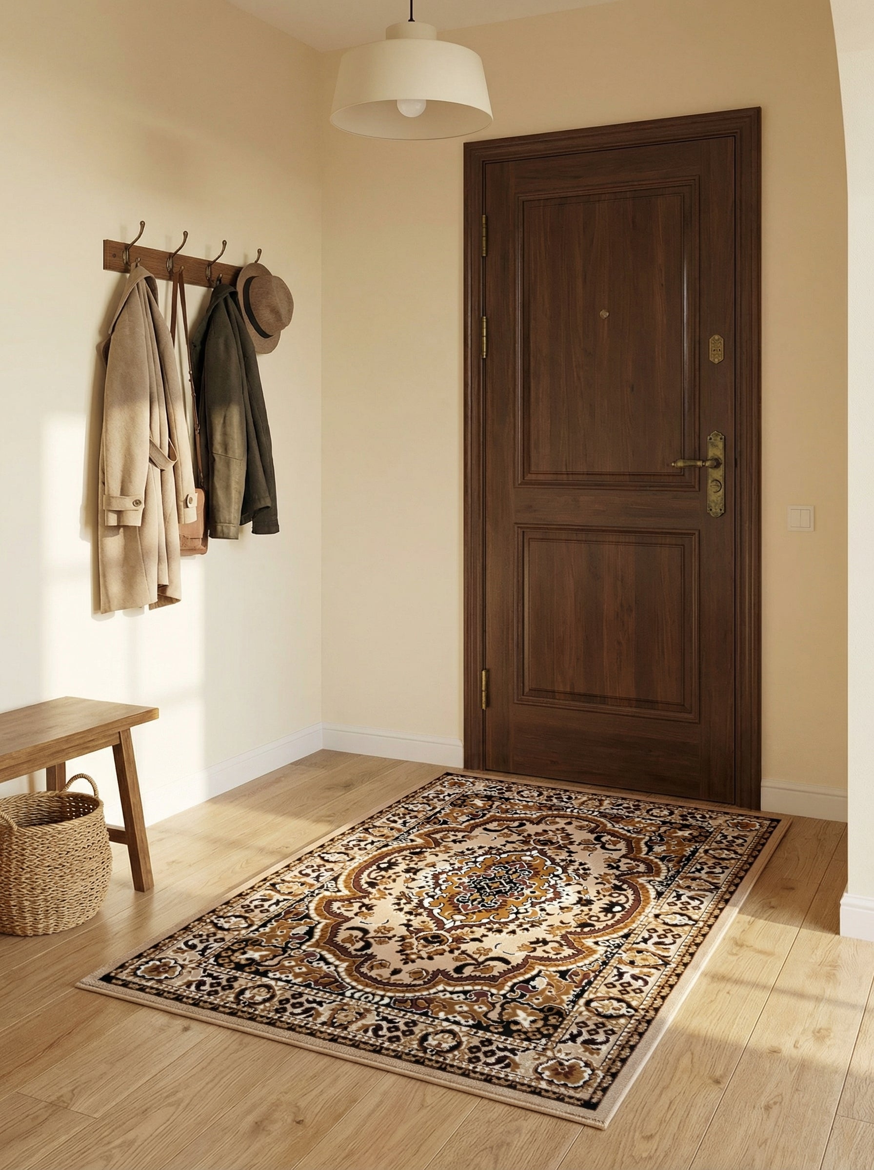 Tapis rectangulaire à motifs floraux classiques beiges et marron foncés, sur un plancher de bois clair dans une entrée
