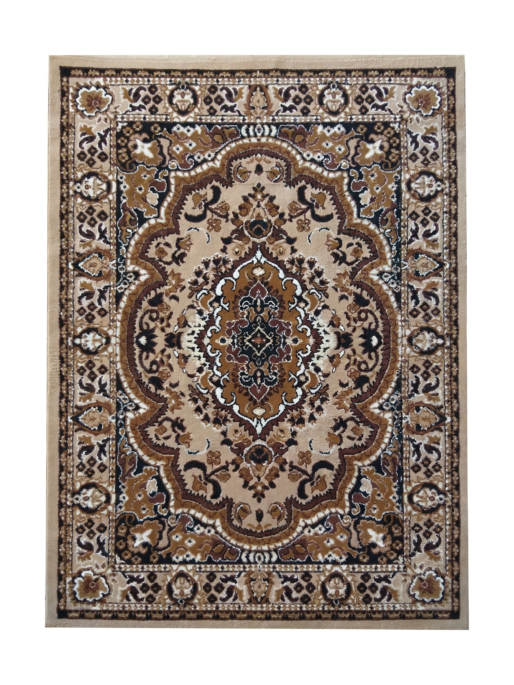 Tapis rectangulaire aux motifs orientaux complexes en marron foncé, beige, noir et blanc cassé