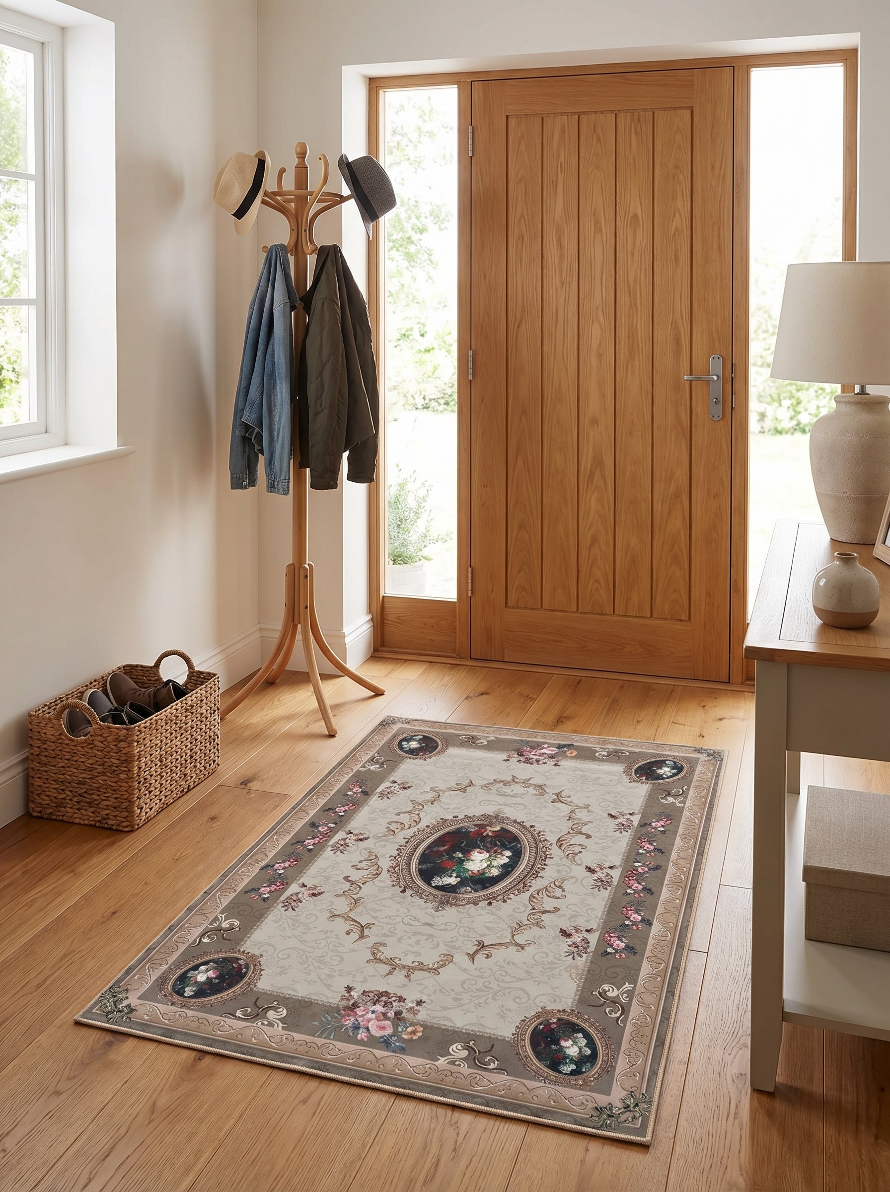 Tapis rectangulaire beige et marron avec motifs floraux classiques rouges, roses et verts, plus volutes dorées, sur un parquet dans une entrée