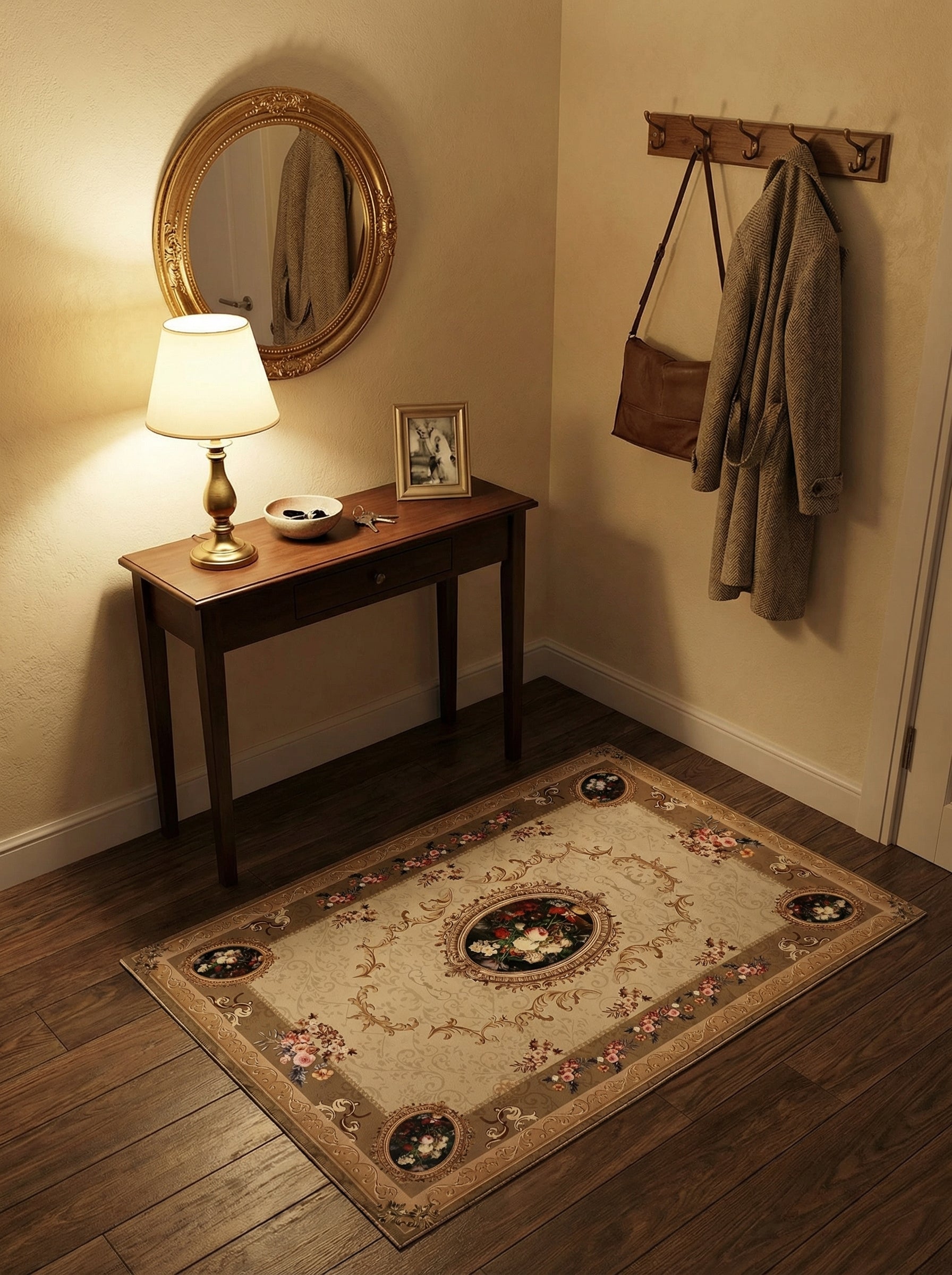 Tapis rectangulaire beige et or avec motif floral central et bordures ornementales sur un parquet foncé dans une entrée