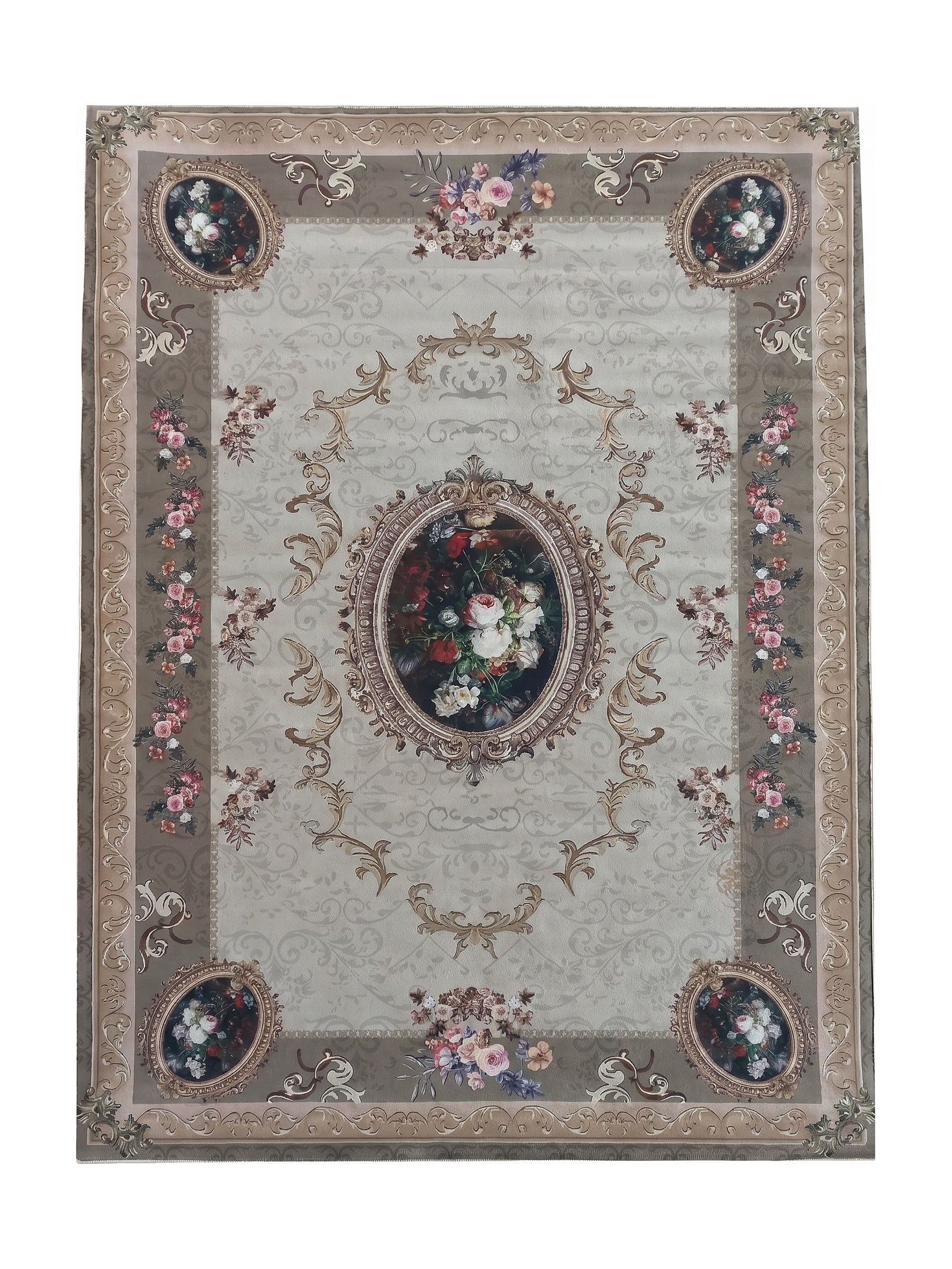 Tapis classique beige et marron avec médaillon floral central et bordure ornée de volutes et de bouquets