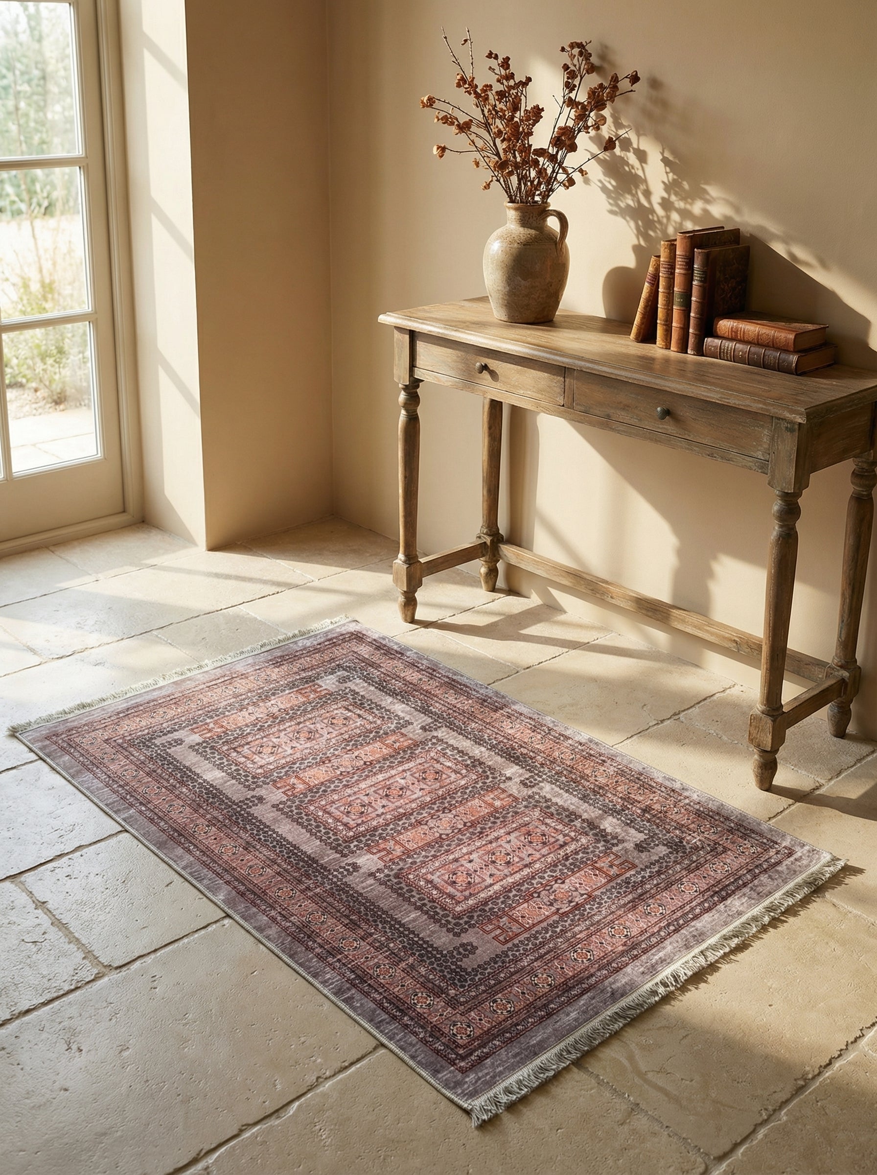 Tapis rectangulaire aux motifs géométriques et floraux d'inspiration persane, couleurs terre cuite délavée et gris-marron, avec franges, posé sur un carrelage clair dans une entrée