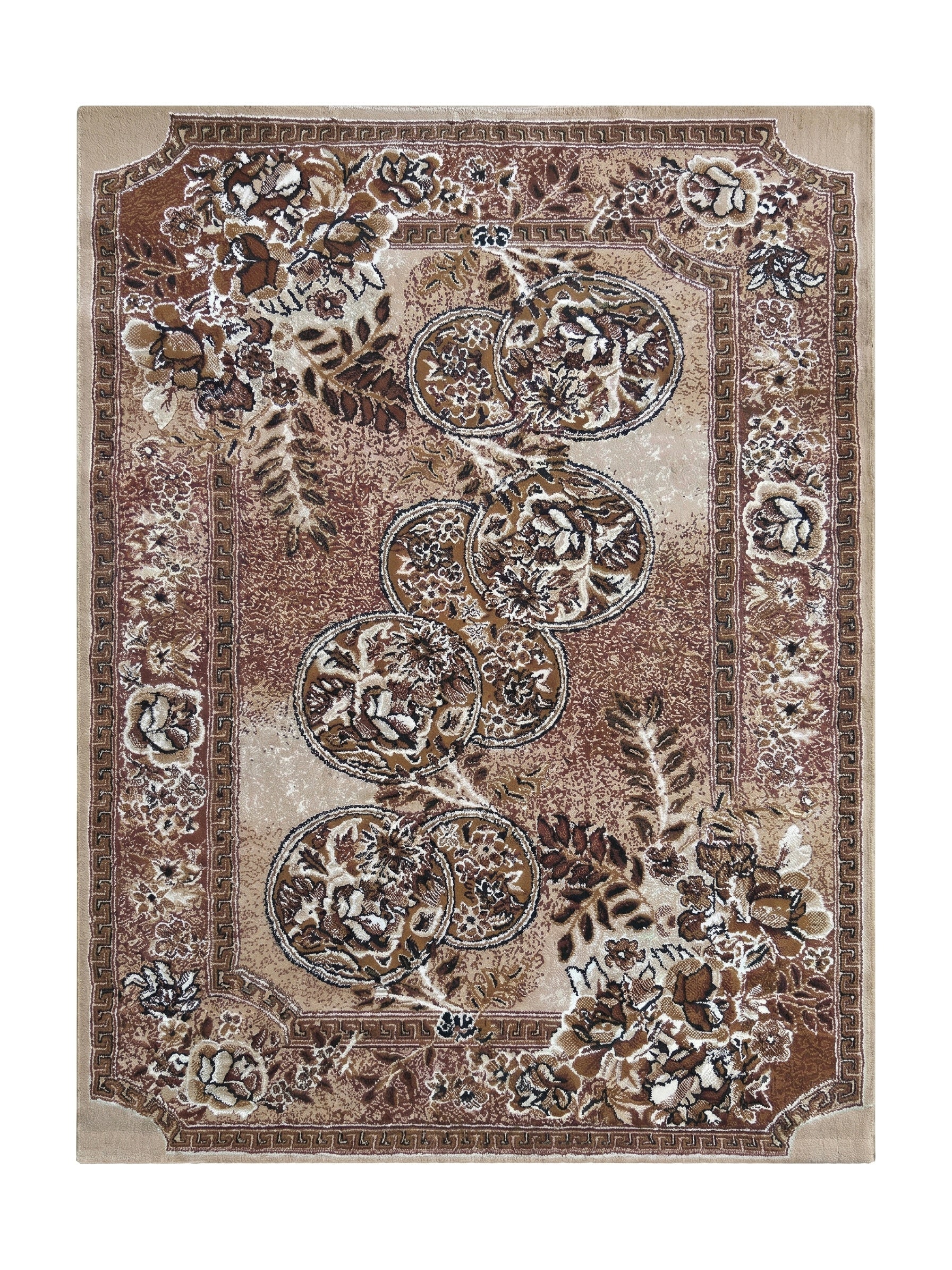 Tapis rectangulaire aux motifs floraux et ornementaux, avec de grands médaillons, dans des tons de marron, beige et crème, encadré d'une bordure géométrique