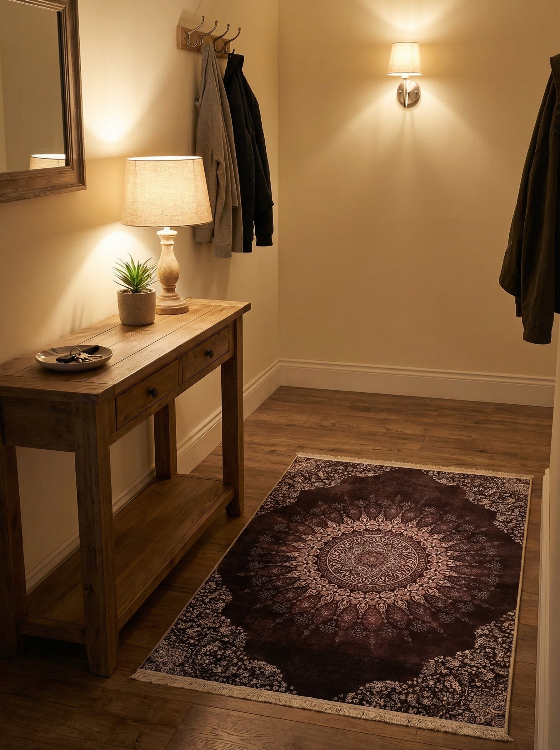 Tapis rectangulaire brun foncé aux motifs ornementaux beige clair autour d'un médaillon central, sur parquet dans une entrée